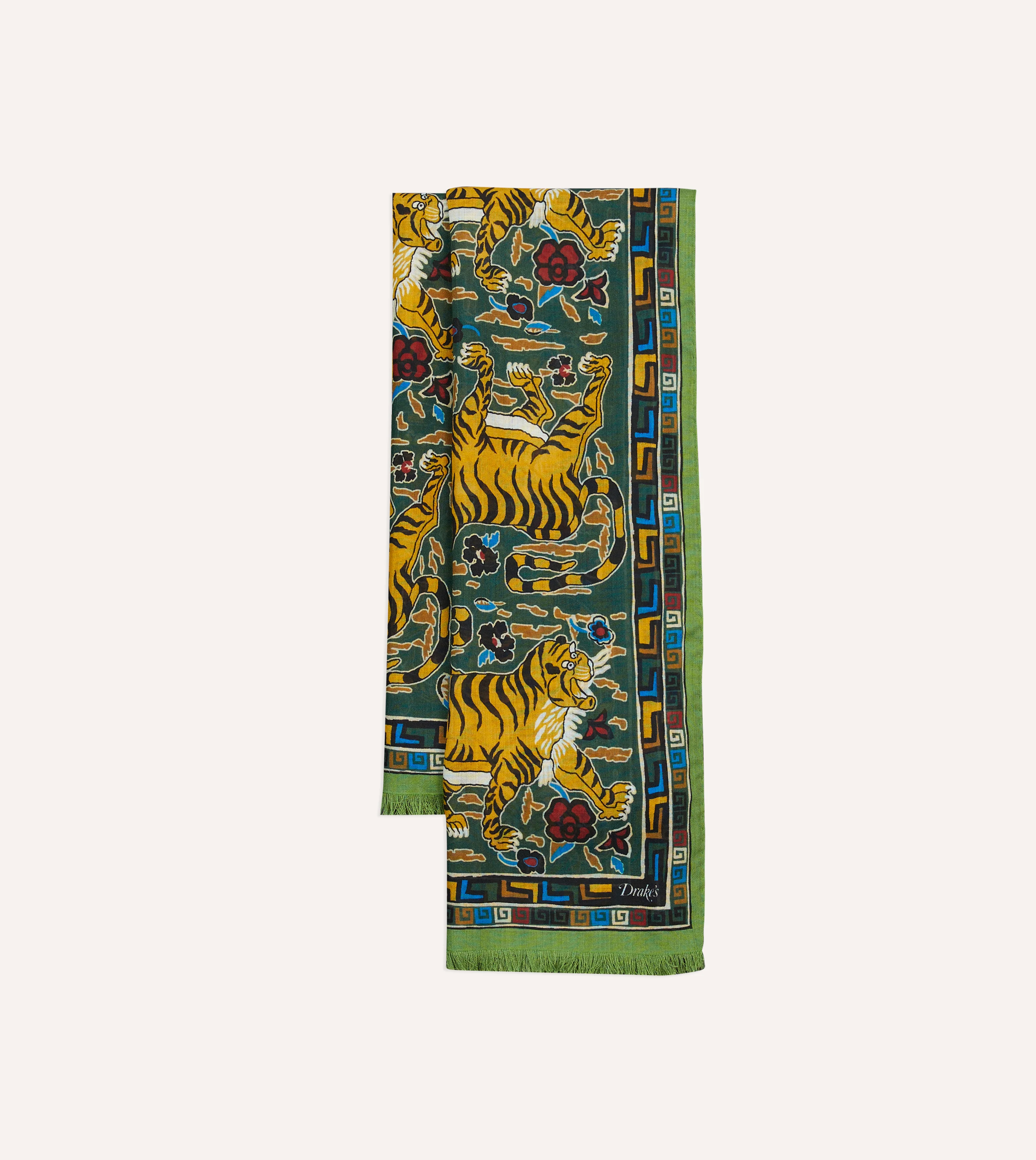 Green Tiger Print Wool-Silk Scarf