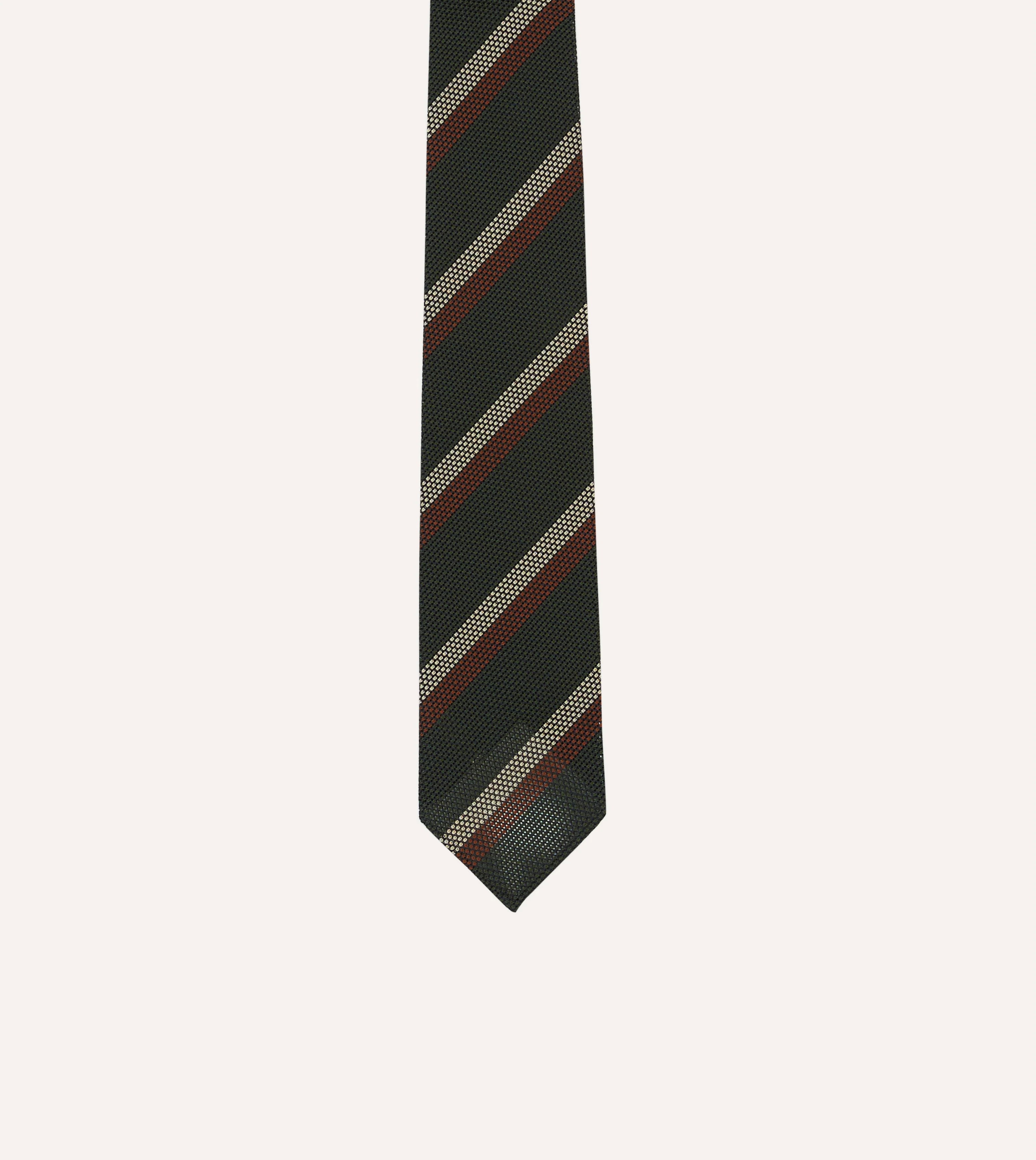 Green, White and Brown Double Stripe Hand Rolled Silk Grenadine Tie - Image 3