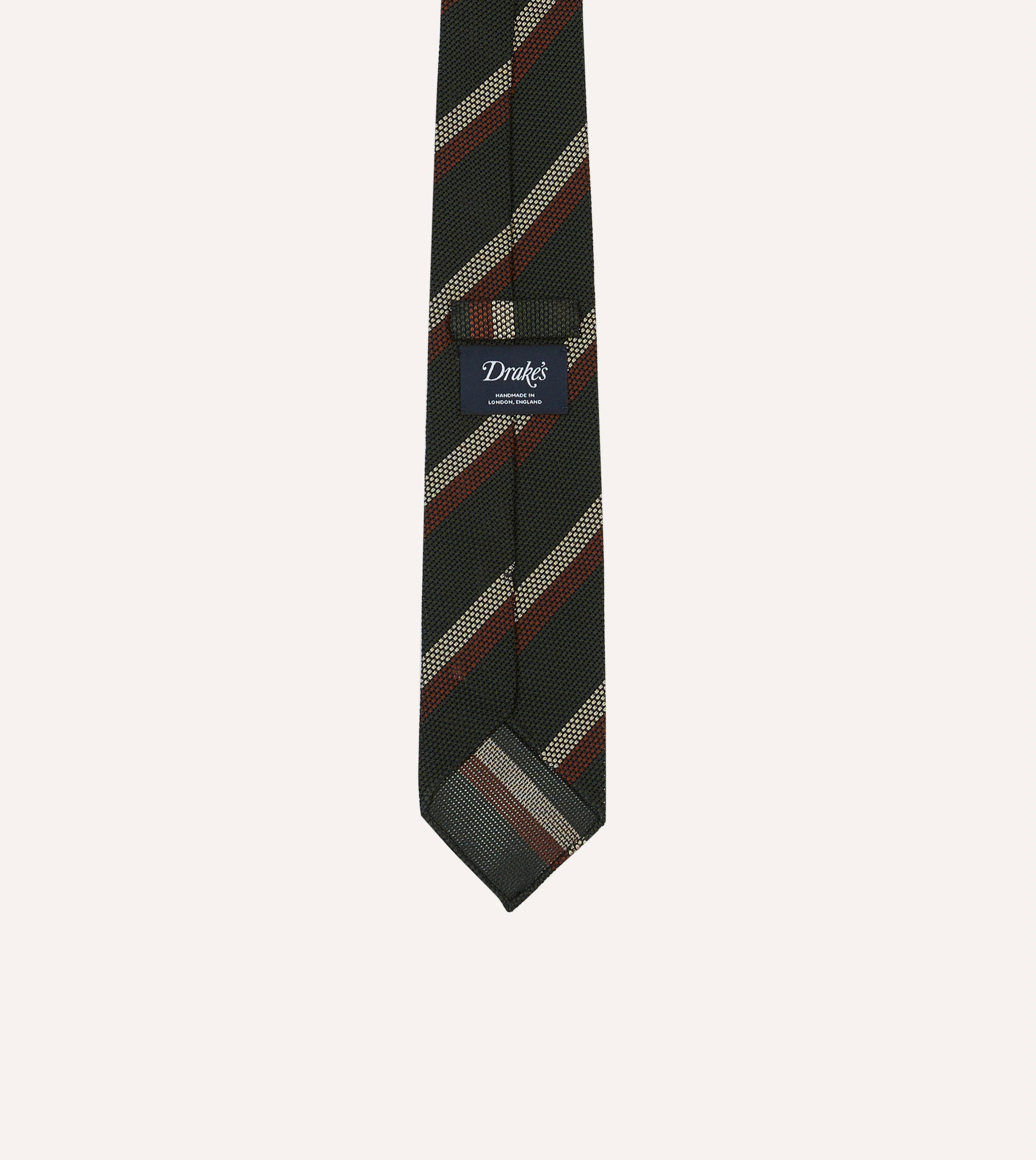 Green, White and Brown Double Stripe Hand Rolled Silk Grenadine Tie - Image 4