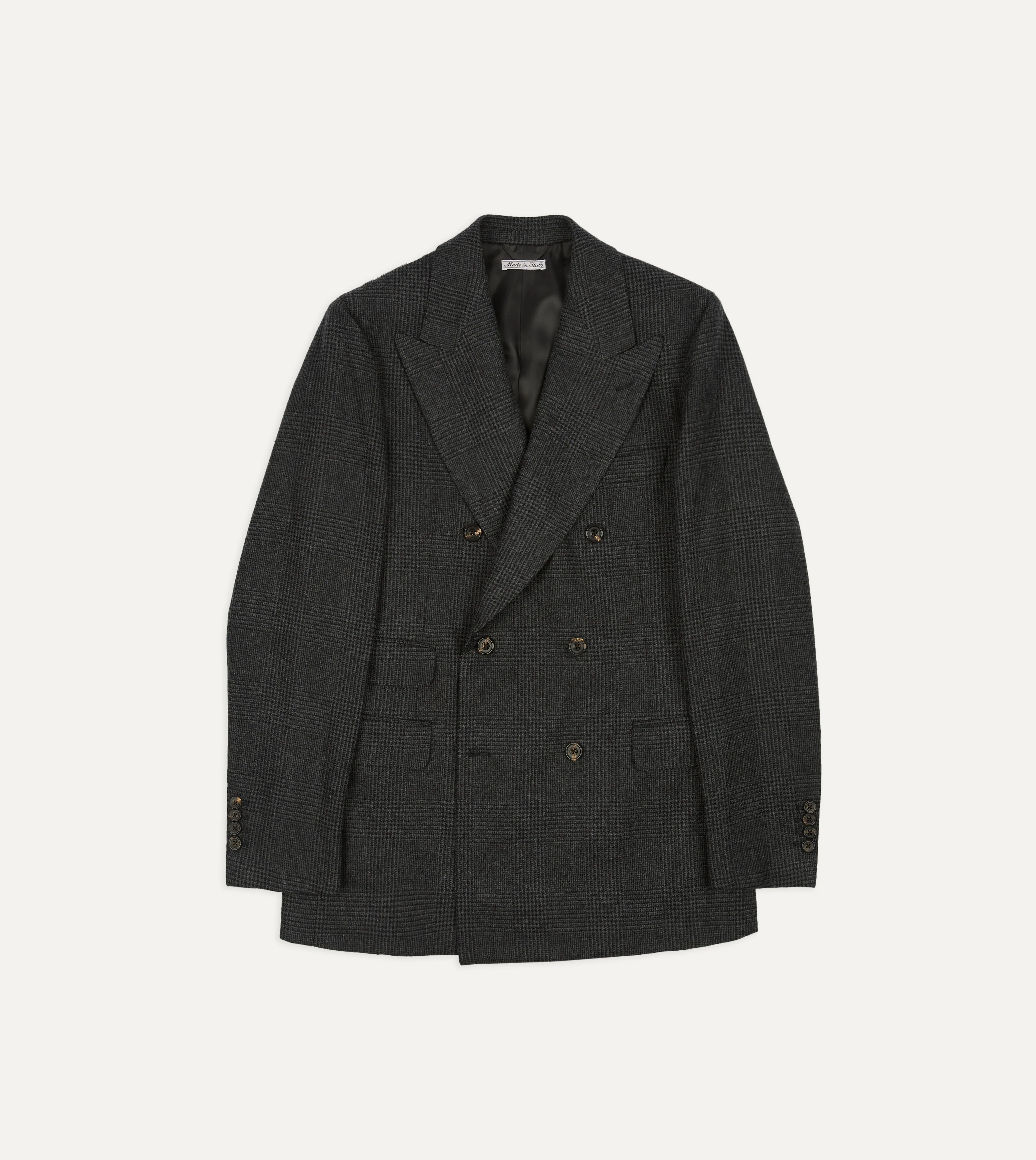 Grey Prince of Wales Check Wool Flannel Double-Breasted Tailored Jacket