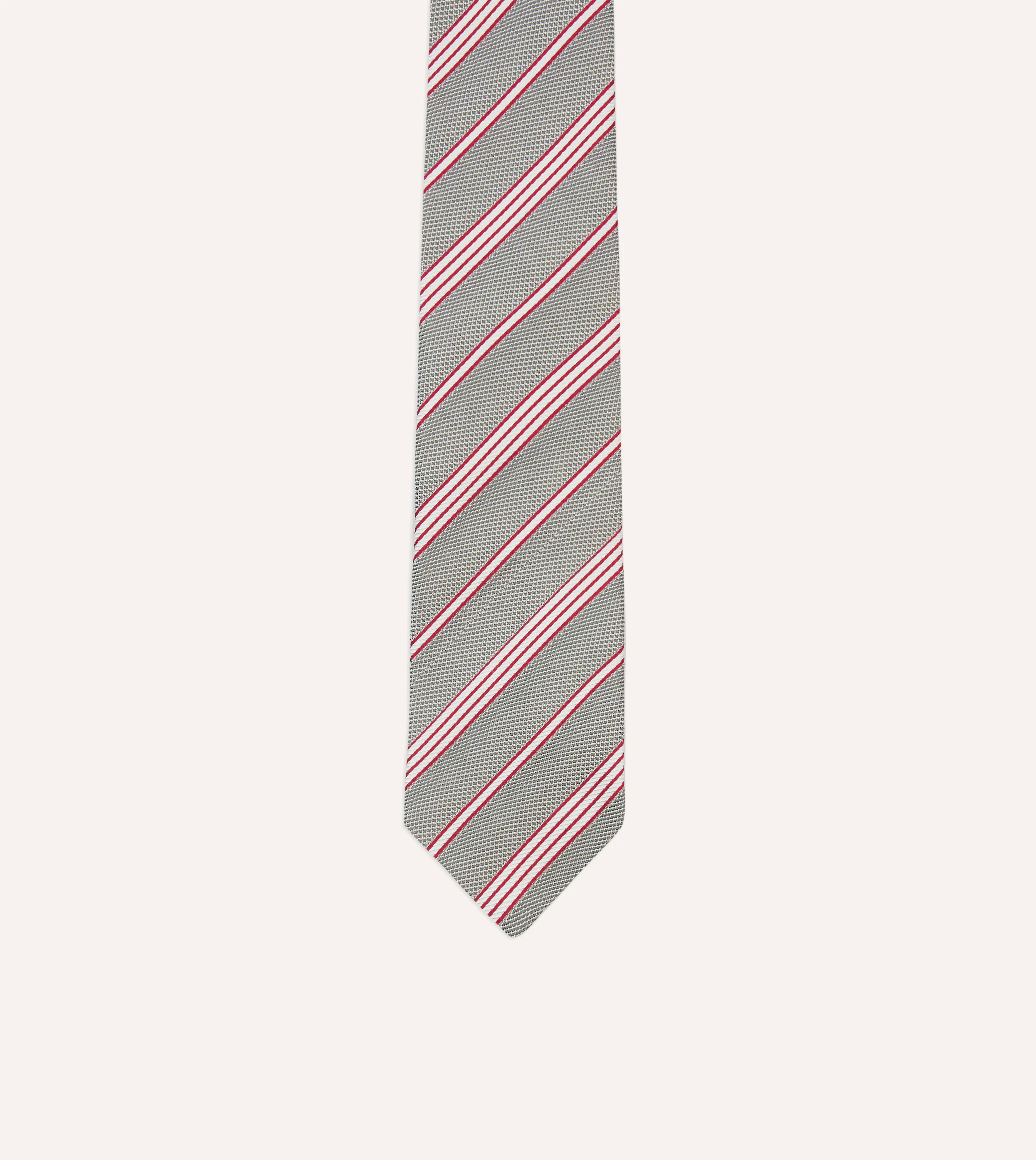 Grey, Red and Ecru Twill Stripe Tipped Silk Grenadine Tie - Image 3