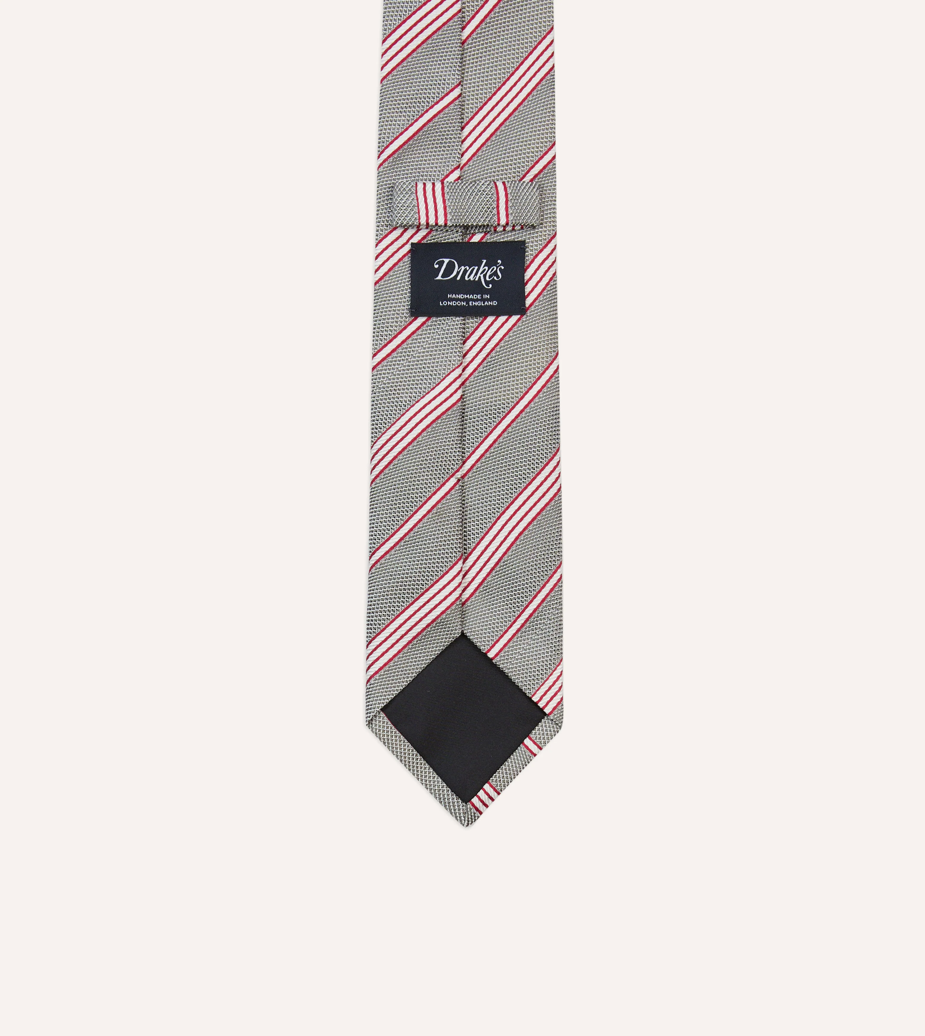 Grey, Red and Ecru Twill Stripe Tipped Silk Grenadine Tie - Image 4