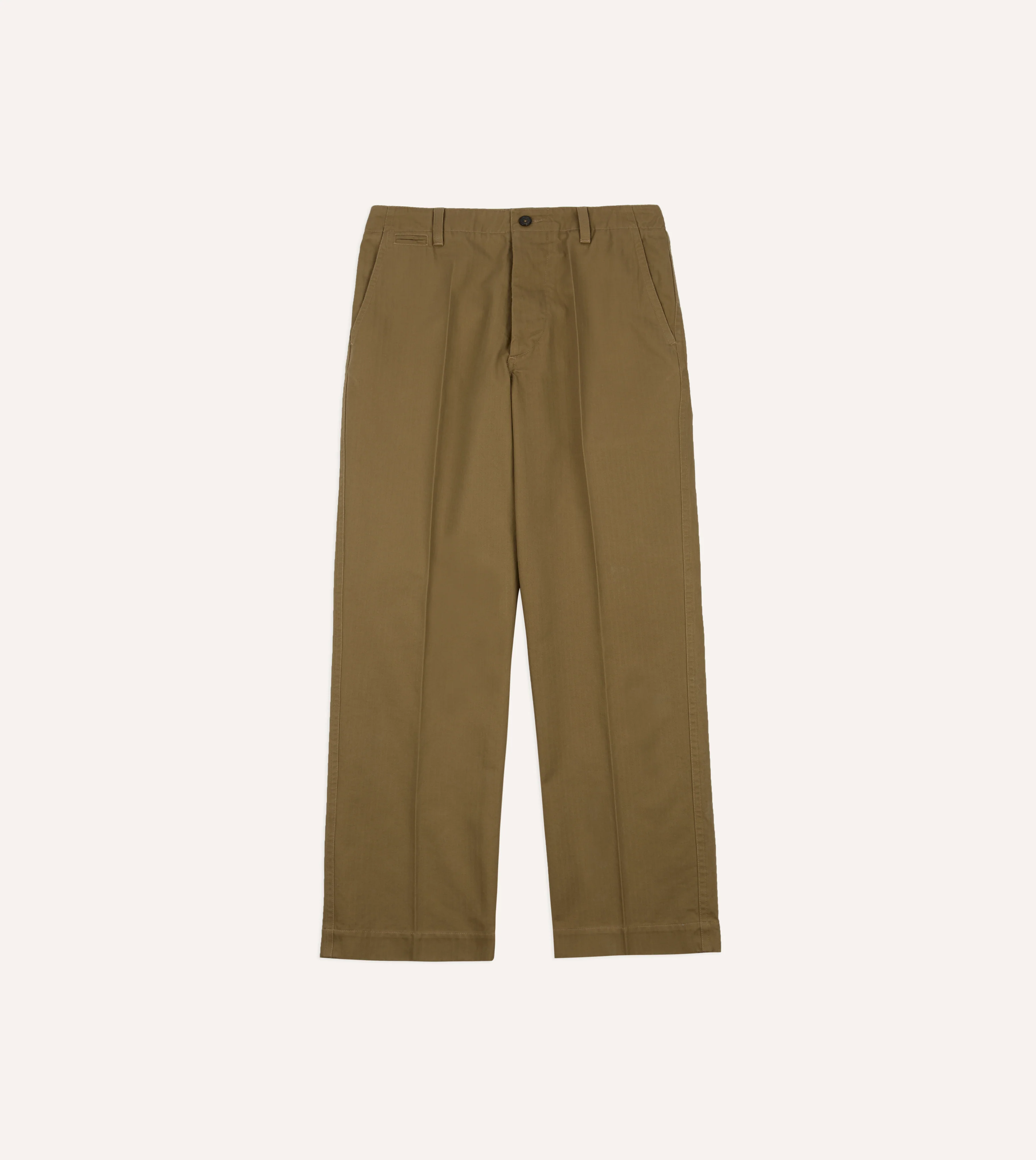 Khaki Herringbone Cotton Wide Leg Flat Front Chino - Image 4