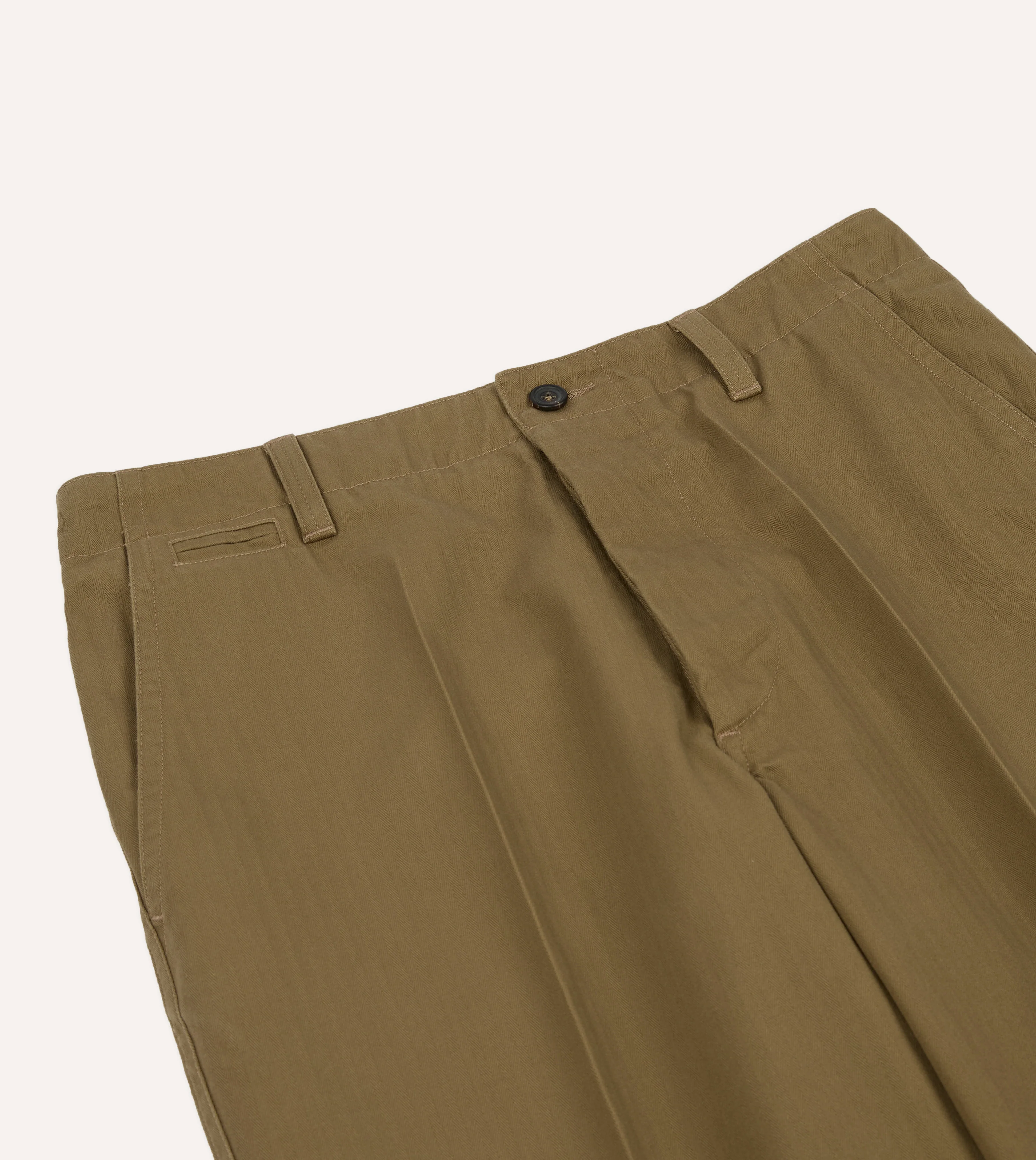 Khaki Herringbone Cotton Wide Leg Flat Front Chino - Image 5