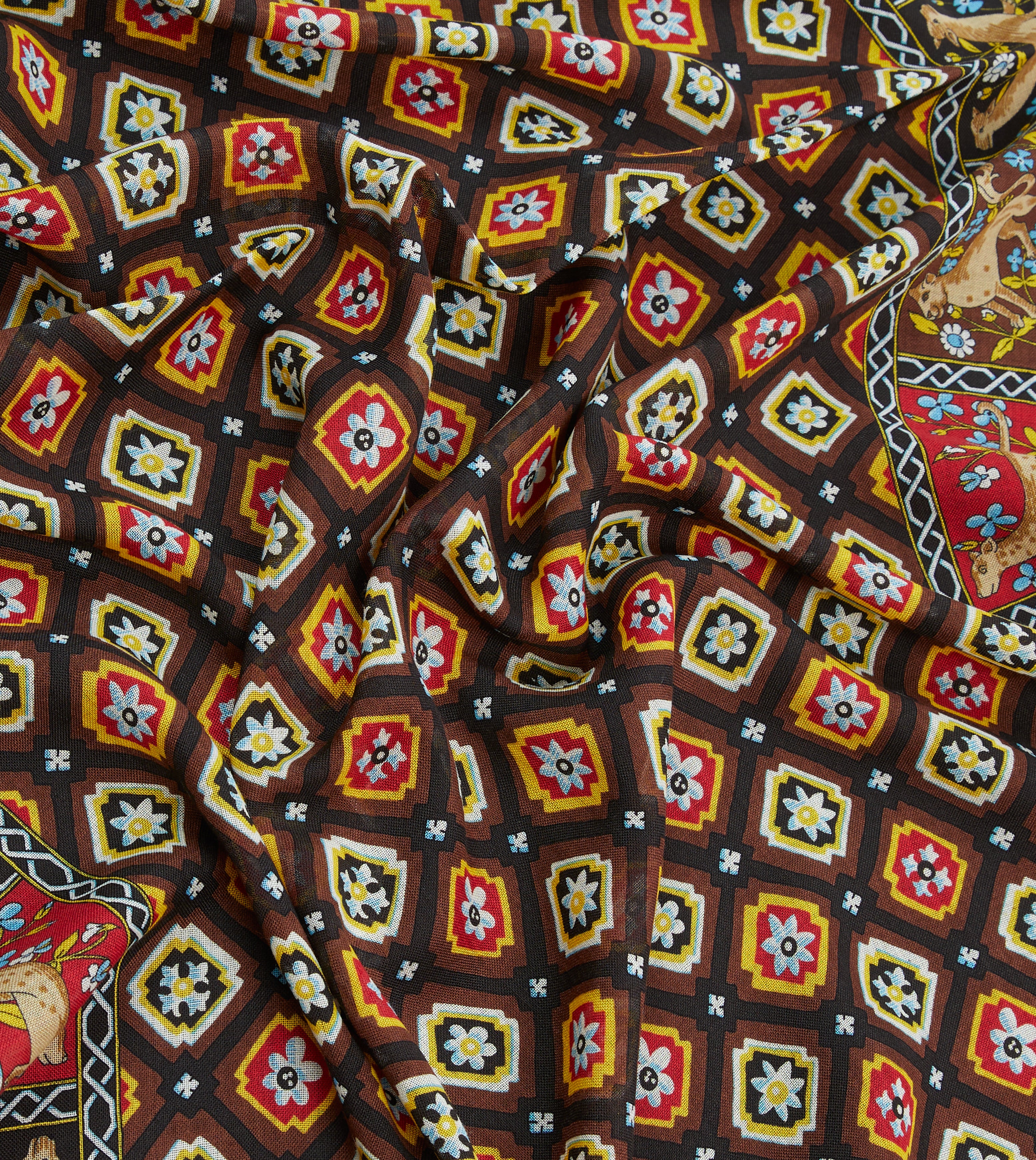 Navy and Brown Animal Border Medallion Print Wool-Silk Scarf - Image 2