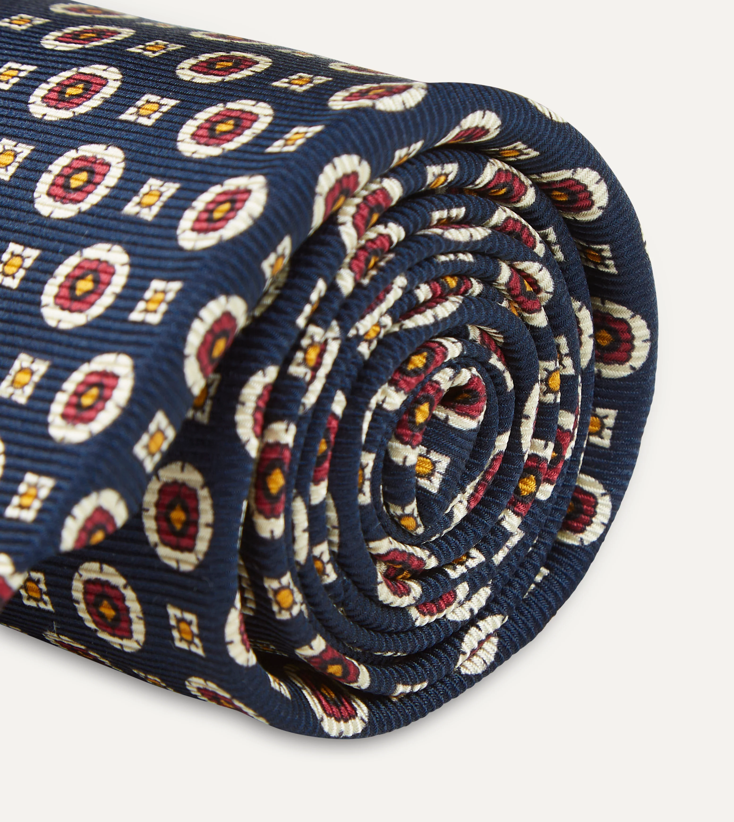 Navy and Red Geometric Medallion Print Silk Foulard Tie - Image 3