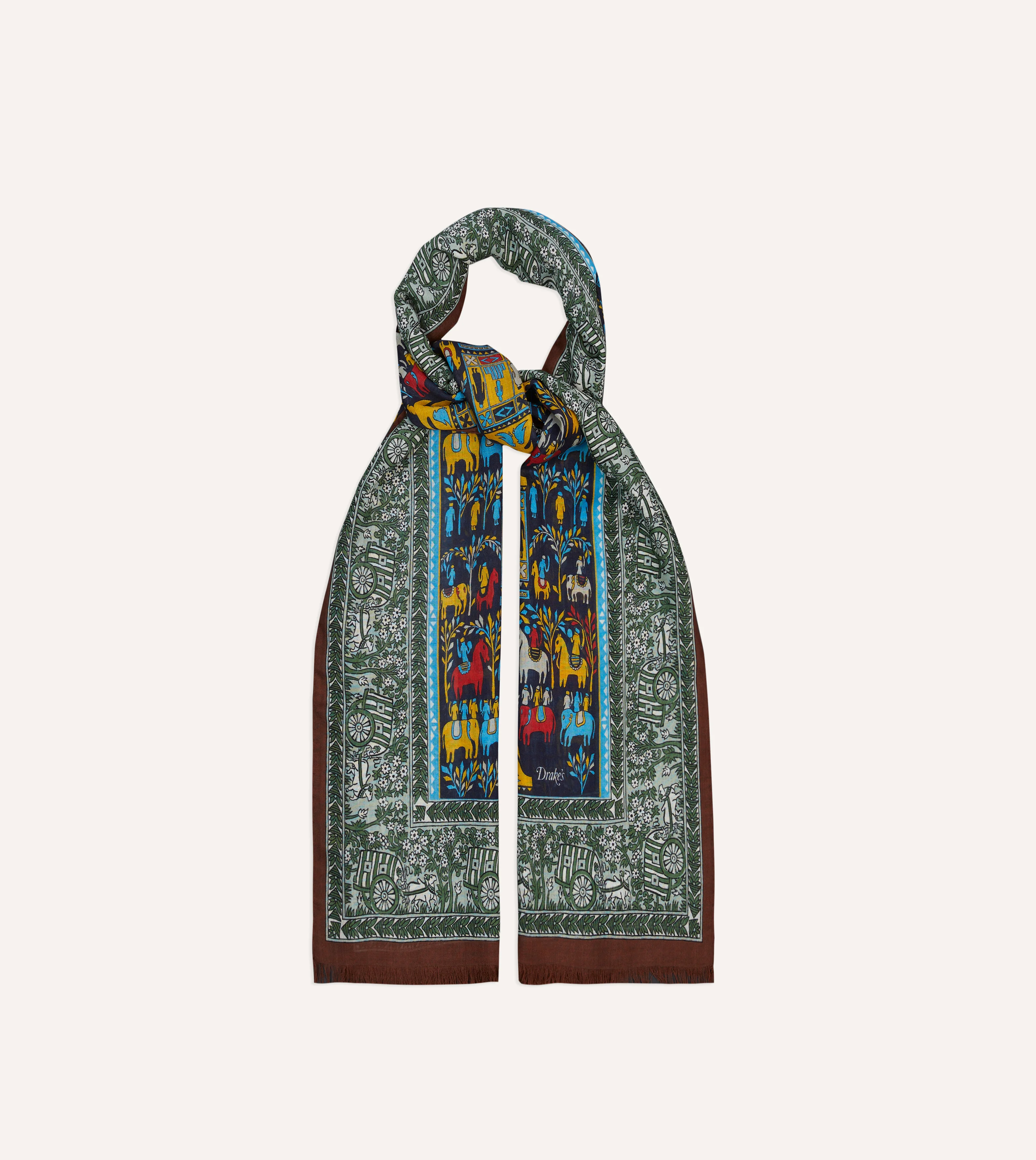 Navy Elephant Village Print Wool-Silk Scarf - Image 4