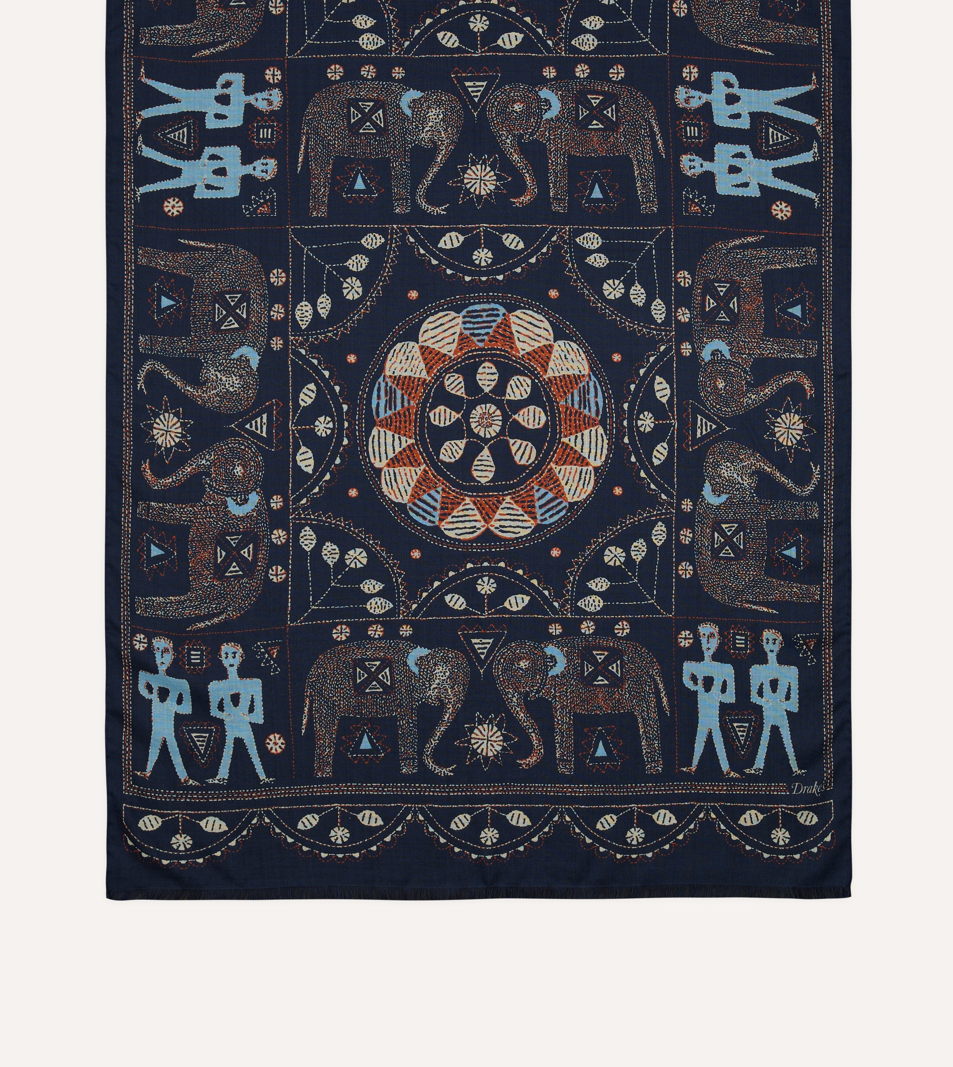 Navy Embroidered Elephant Print Wool Silk Scarf - Image 3
