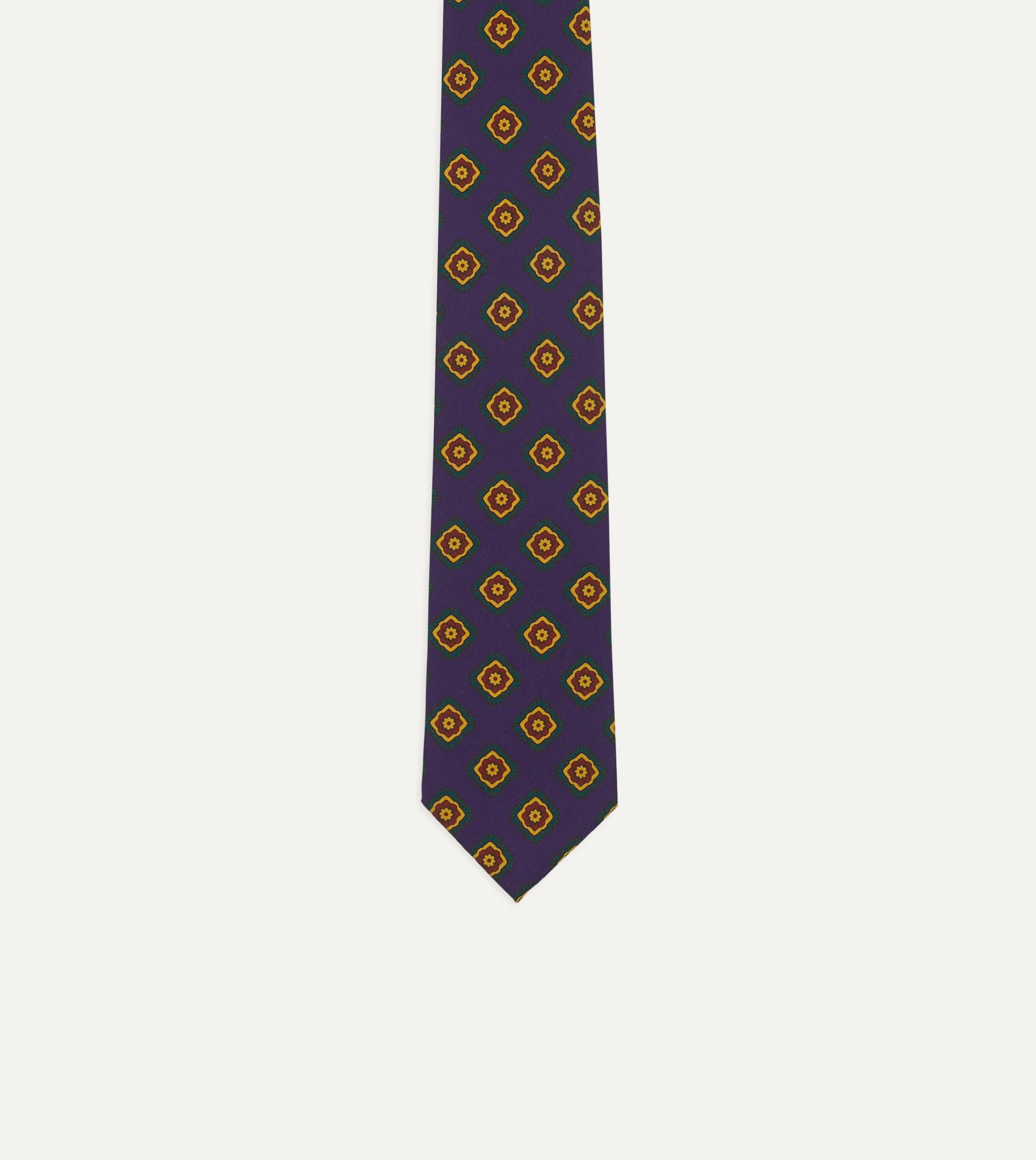 Navy Flower Medallion Print Madder Silk Self Tipped Tie - Image 4