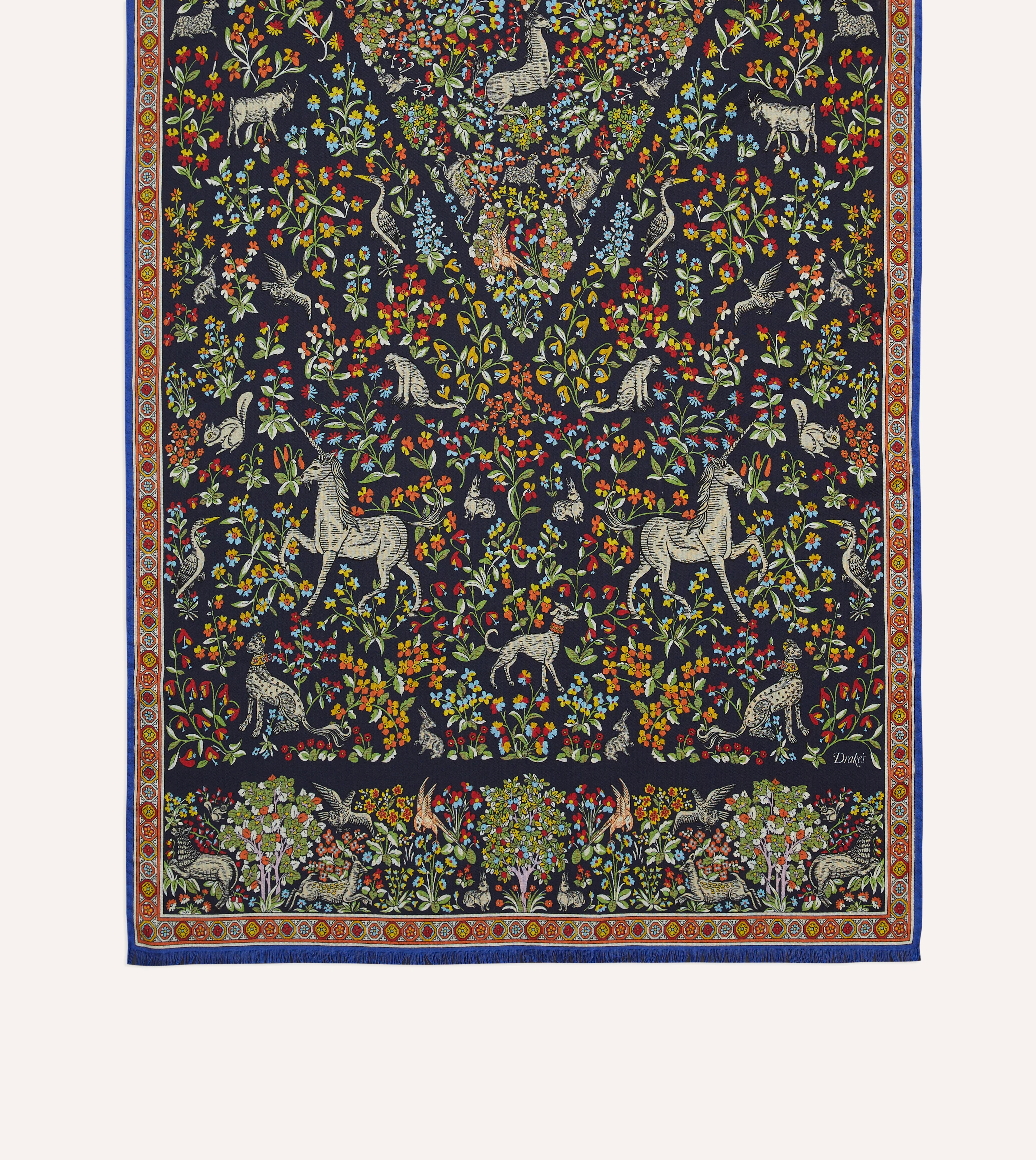 Navy Forest Animals Print Wool-Silk Scarf - Image 3