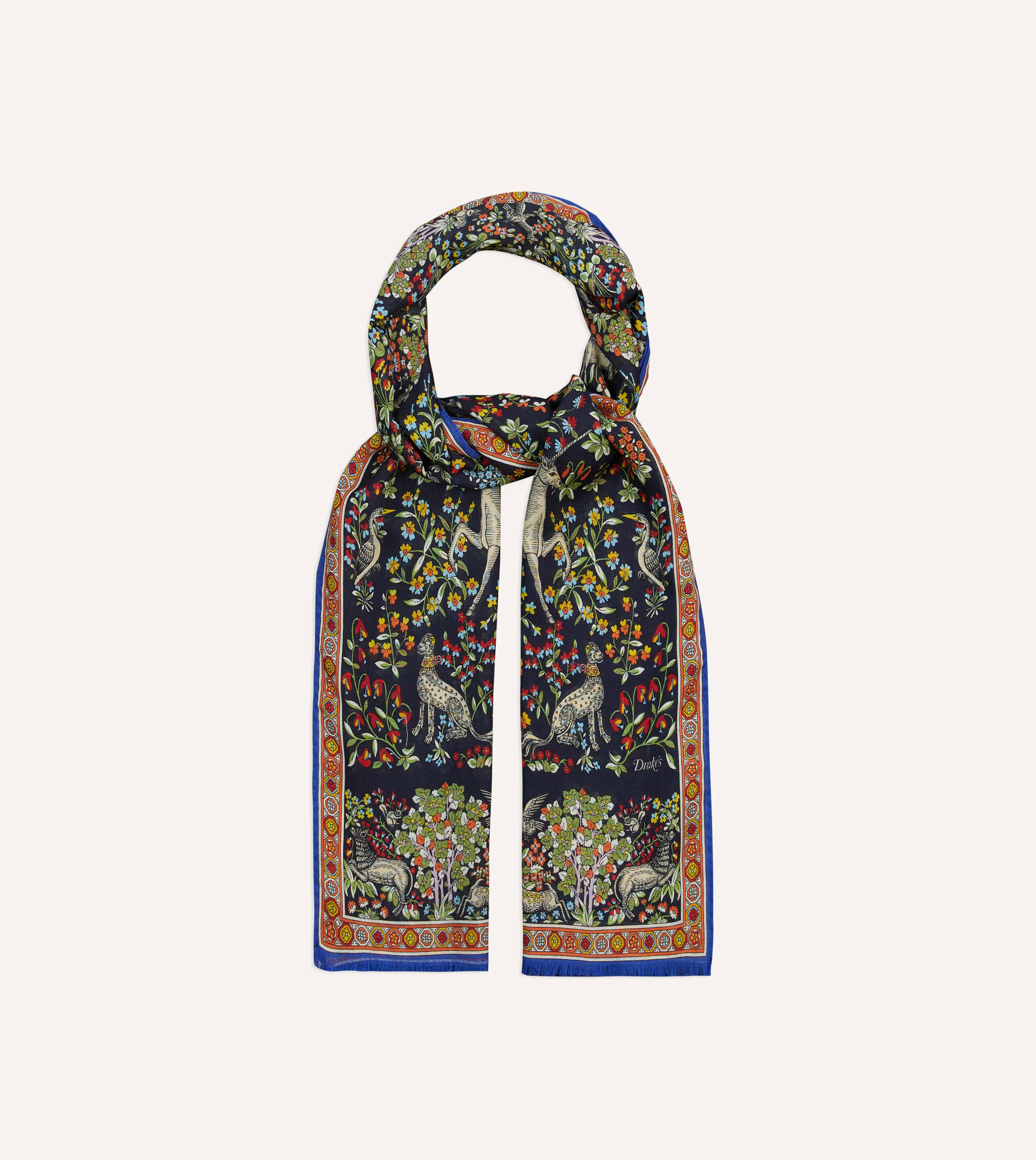 Navy Forest Animals Print Wool-Silk Scarf - Image 4