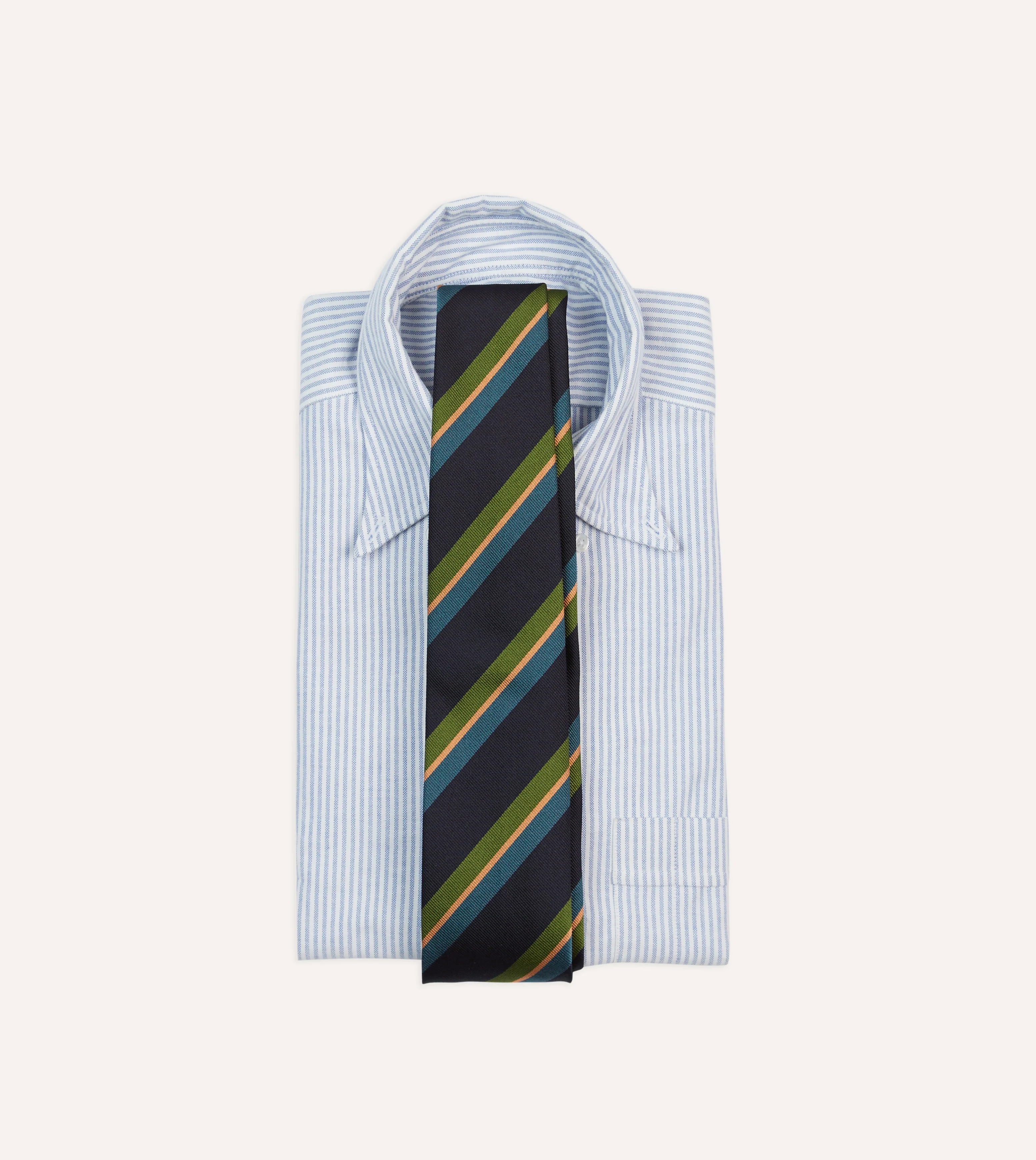 Navy, Green and Blue Sandwich Stripe Repp Silk Tipped Tie - Image 2