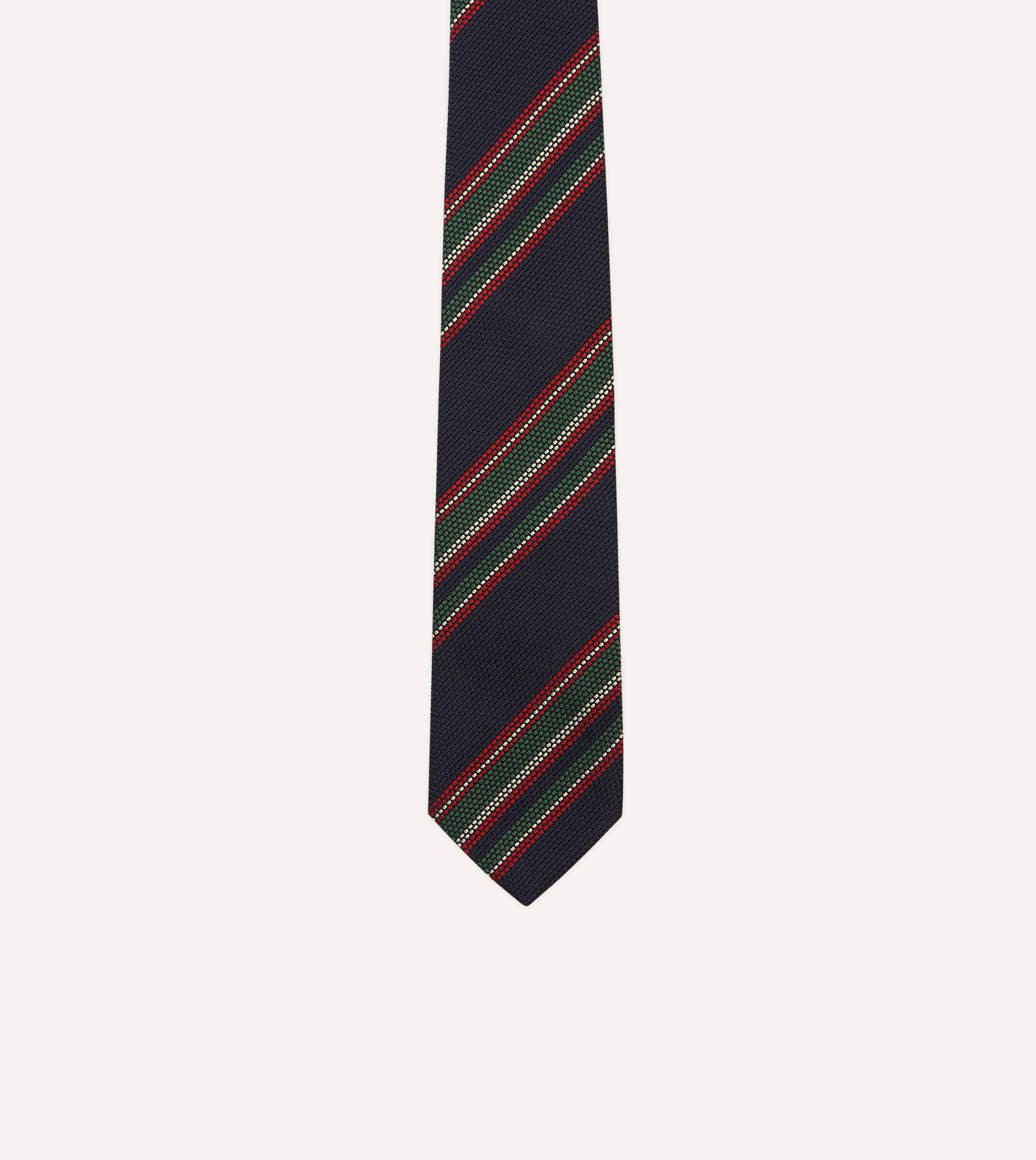 Navy, Green and Red Stripe Hand Rolled Silk Grenadine Tie - Image 3