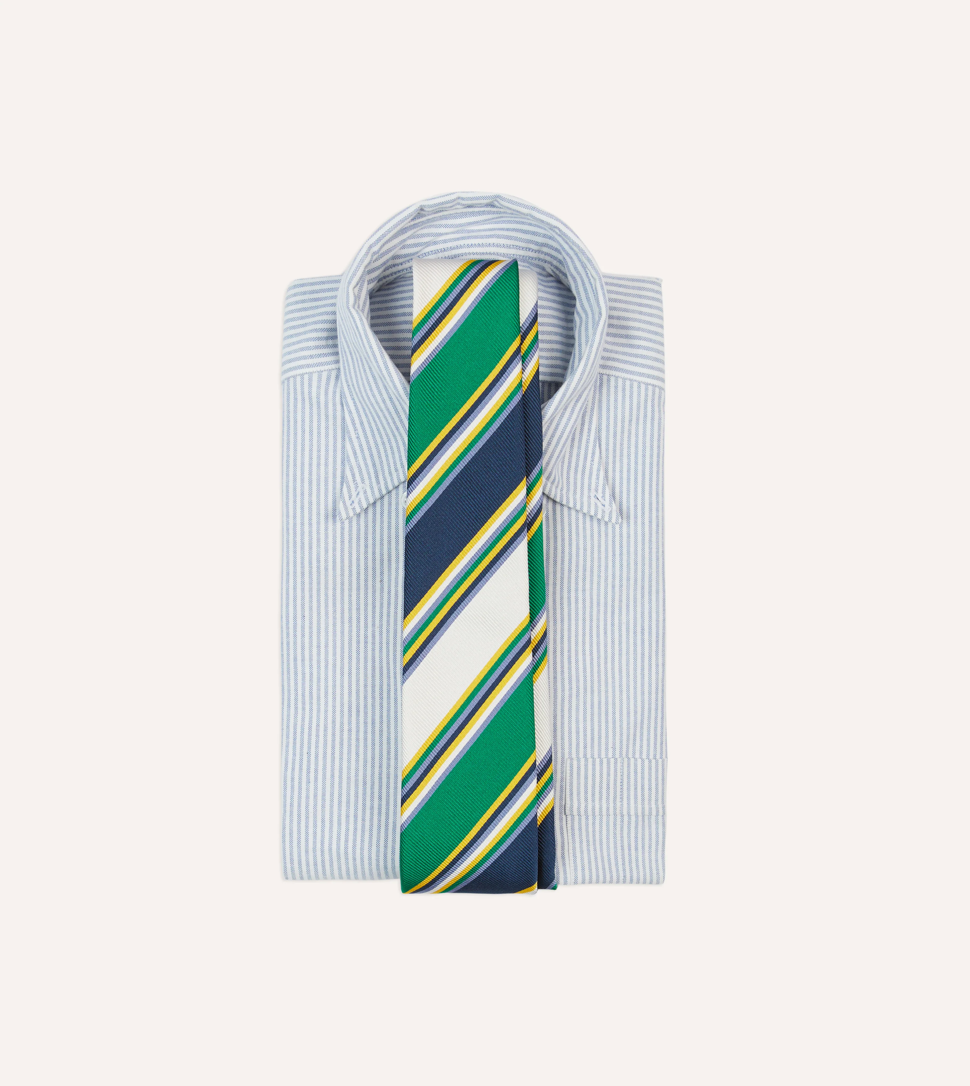 Navy, Green and White Stripe Mogador Silk Tipped Tie - Image 2