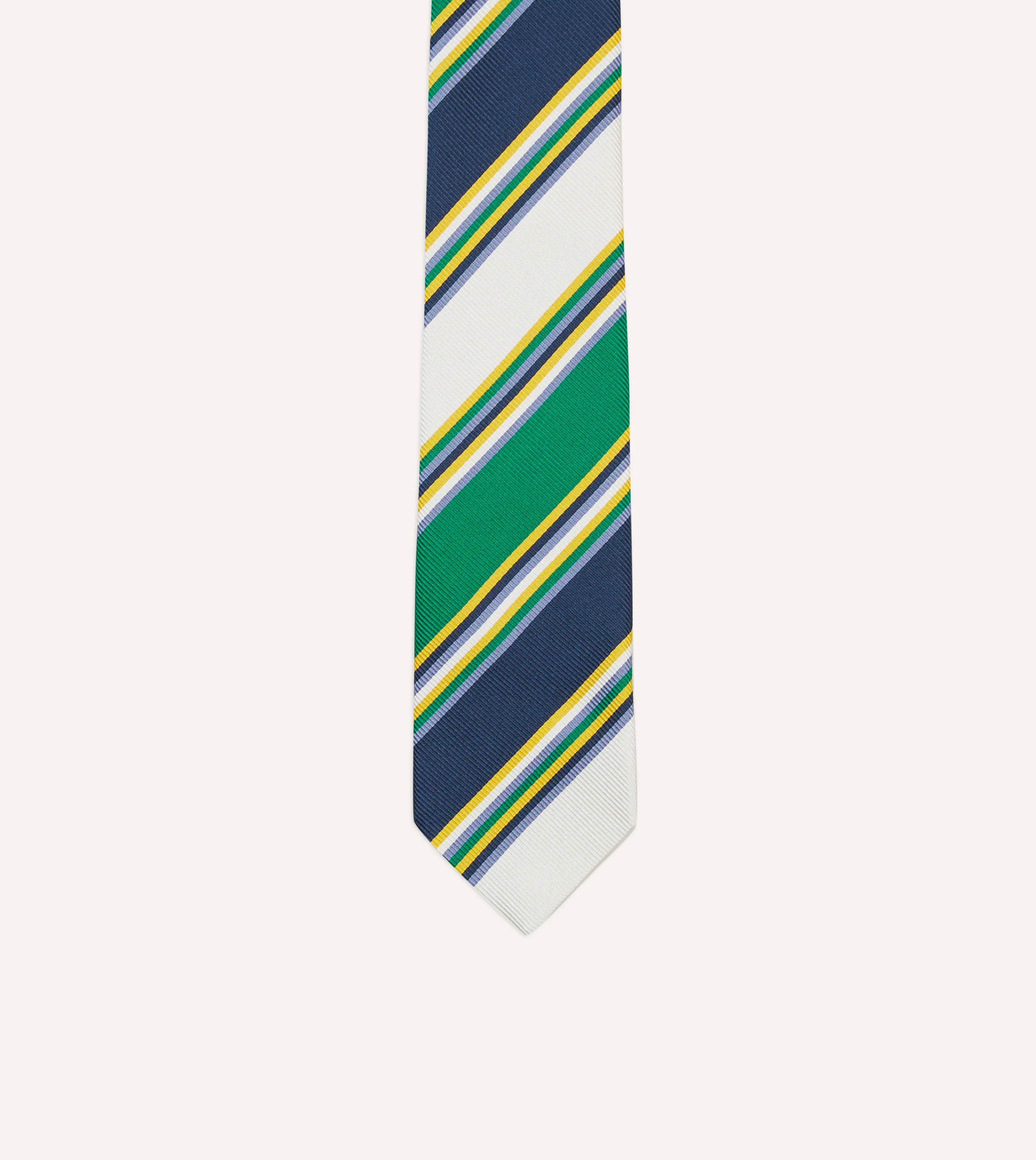 Navy, Green and White Stripe Mogador Silk Tipped Tie - Image 3
