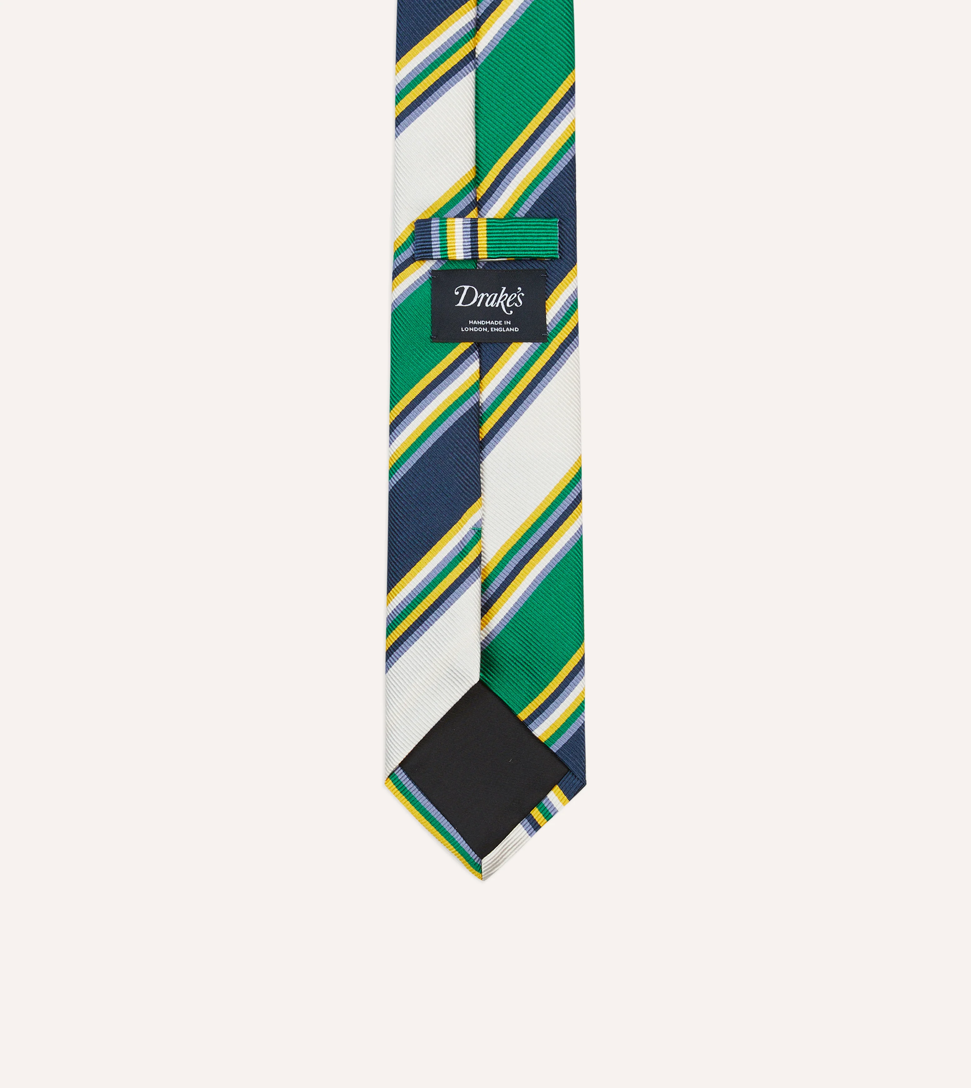 Navy, Green and White Stripe Mogador Silk Tipped Tie - Image 4