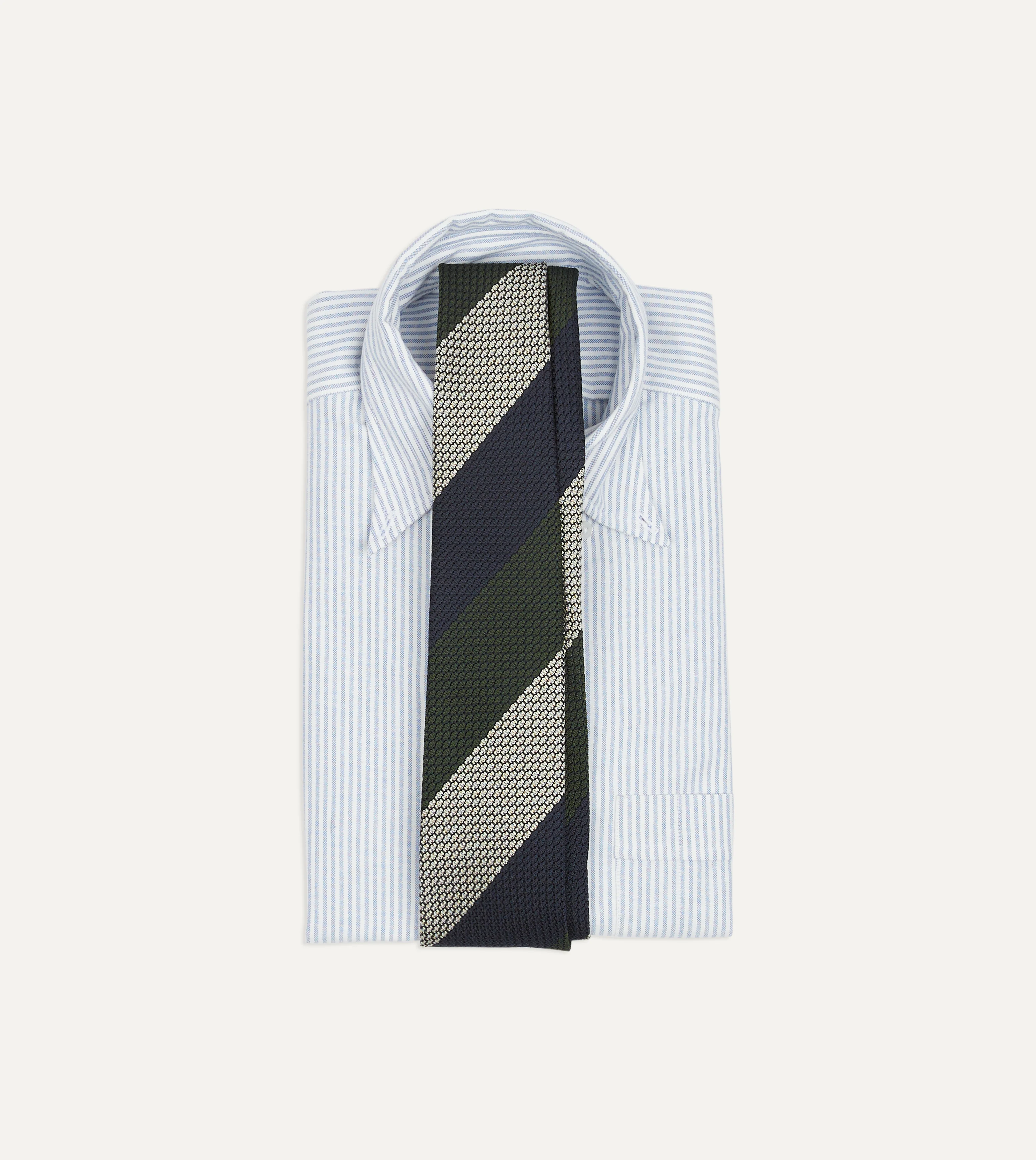 Navy, Green and White Wide Stripe Silk Grenadine Tie - Image 2