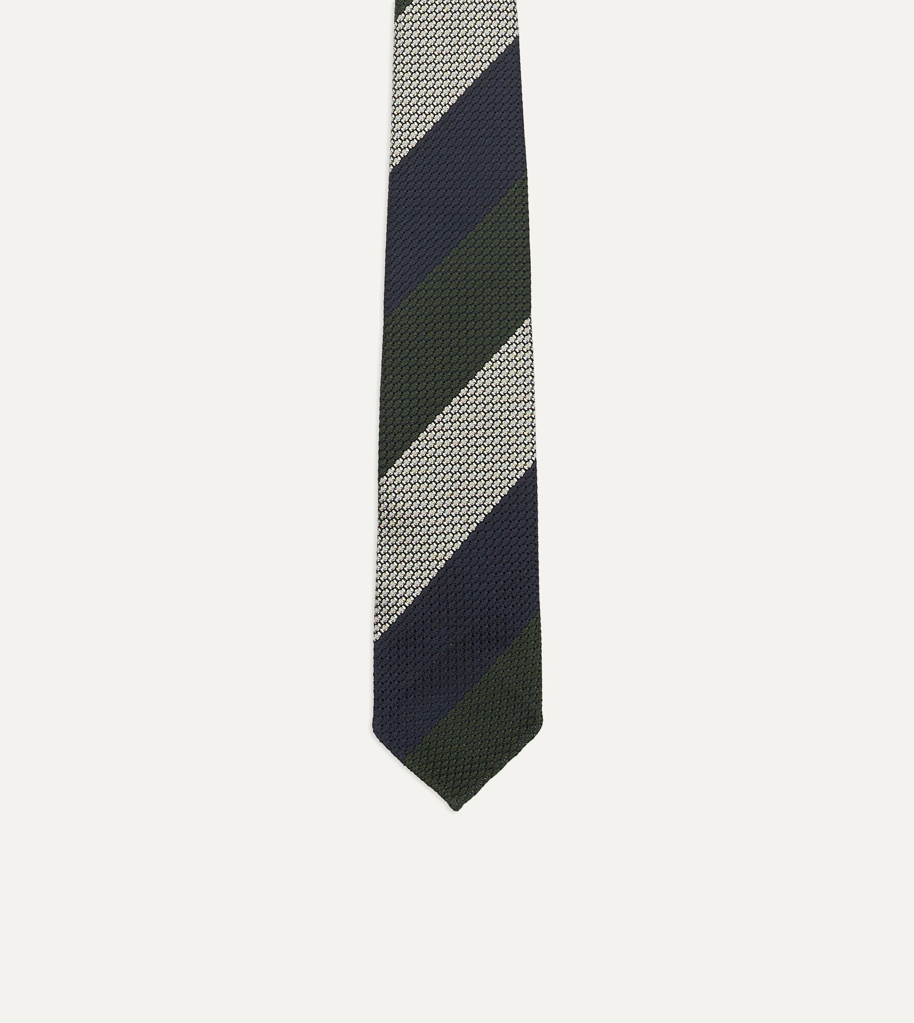 Navy, Green and White Wide Stripe Silk Grenadine Tie - Image 4