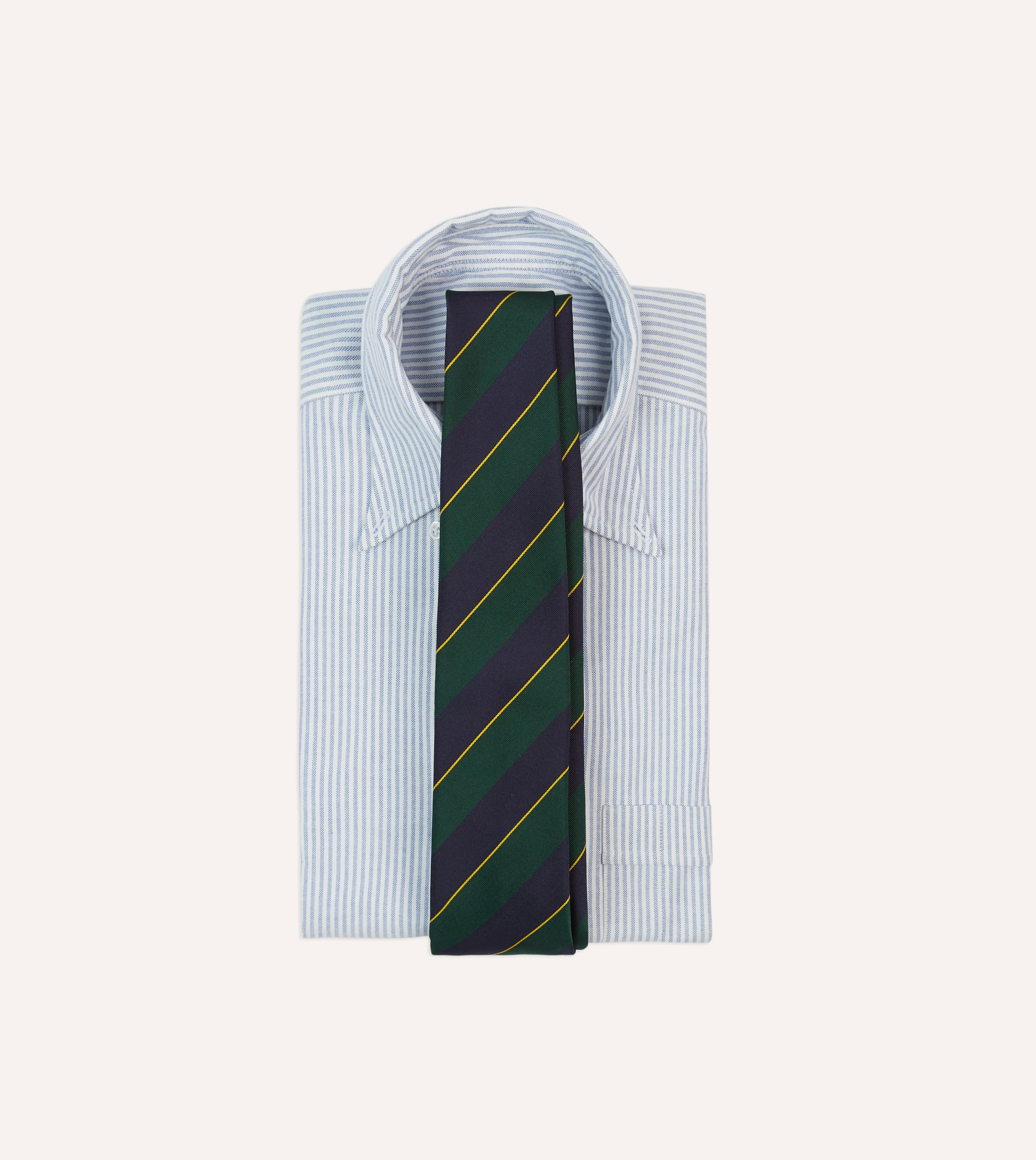 Navy, Green and Yellow Fine Stripe Mogador Silk Tipped Tie - Image 2