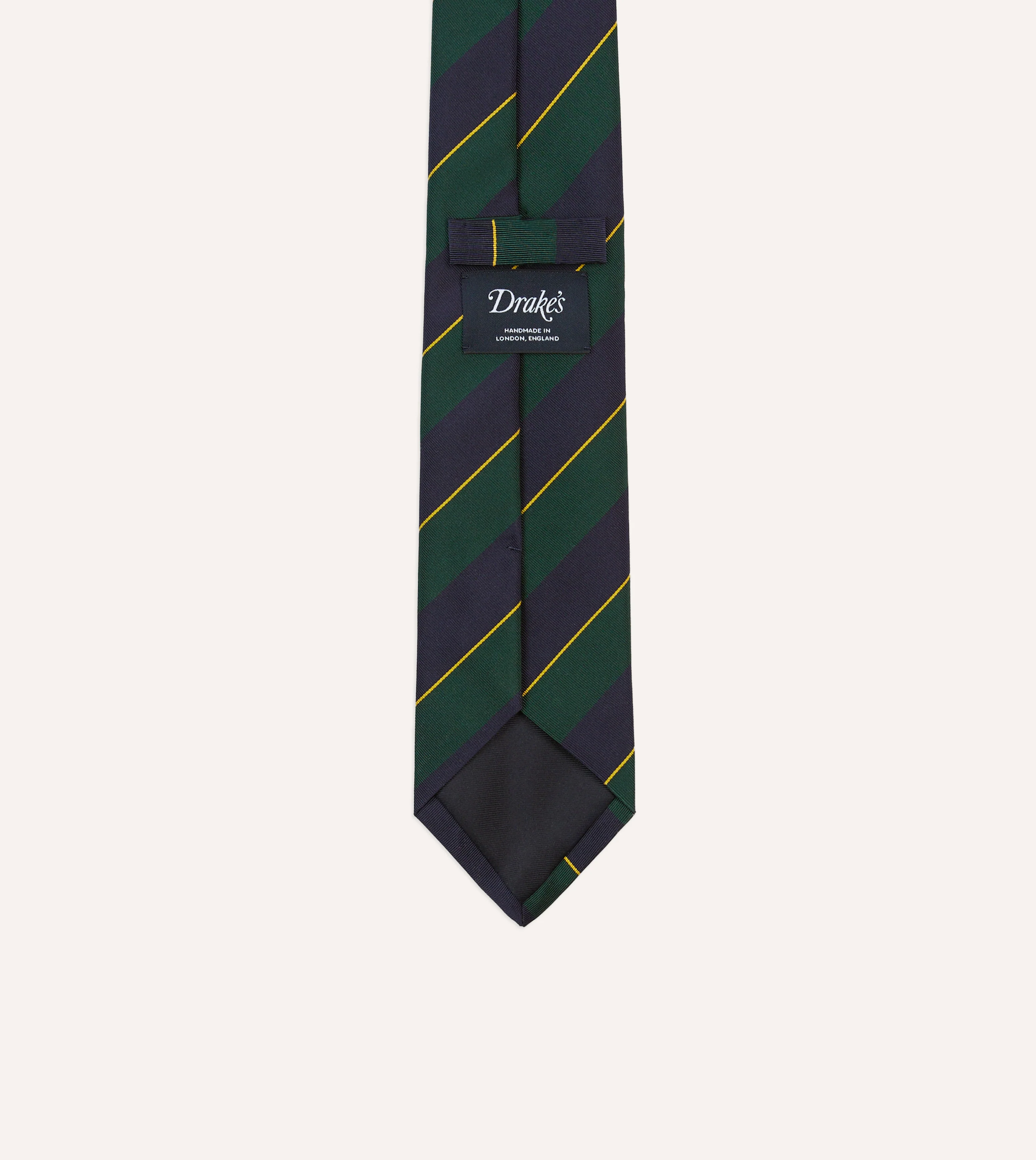 Navy, Green and Yellow Fine Stripe Mogador Silk Tipped Tie - Image 4