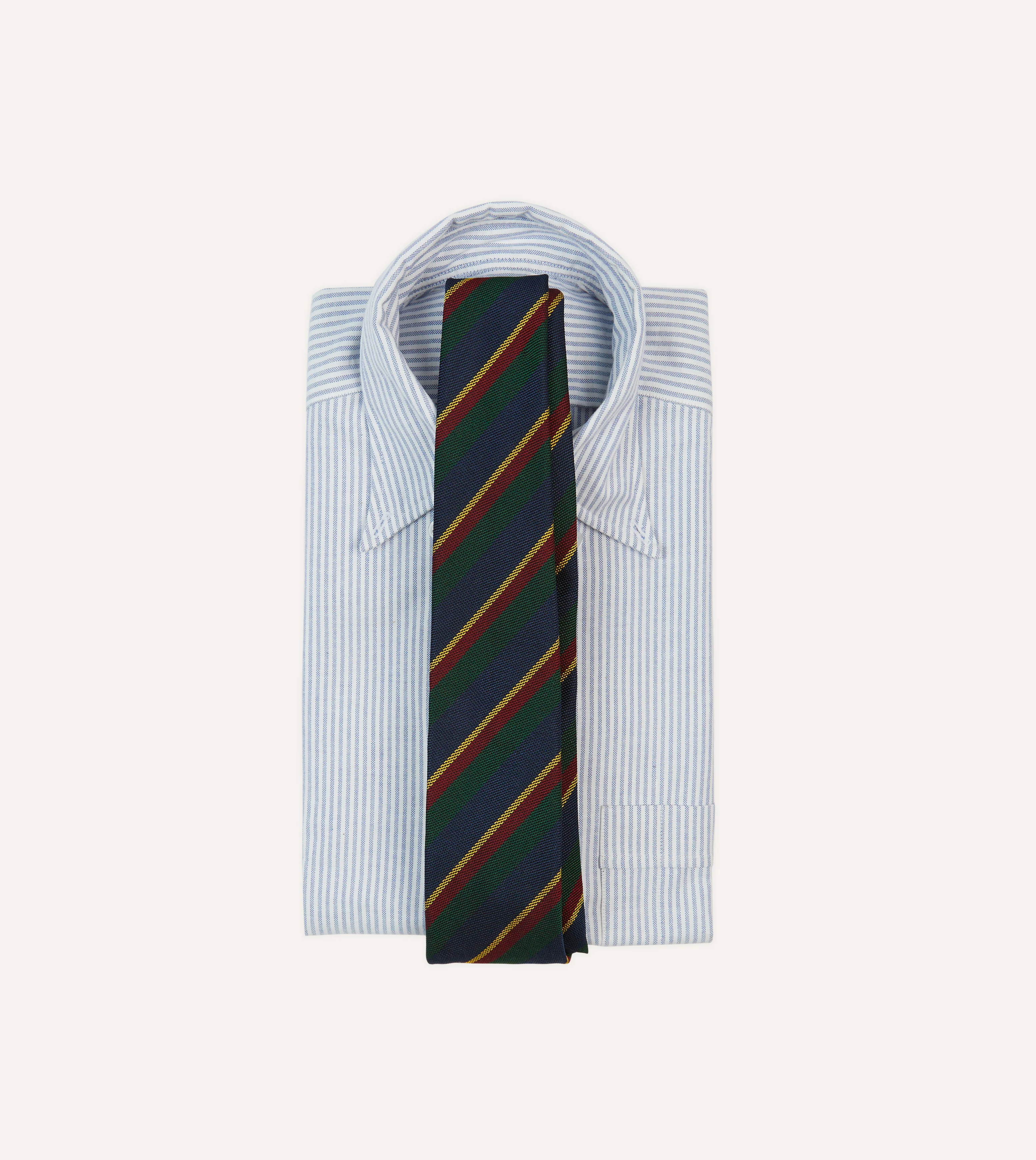 Navy, Green and Yellow Stripe Hand Rolled Silk Grenadine Tie - Image 2