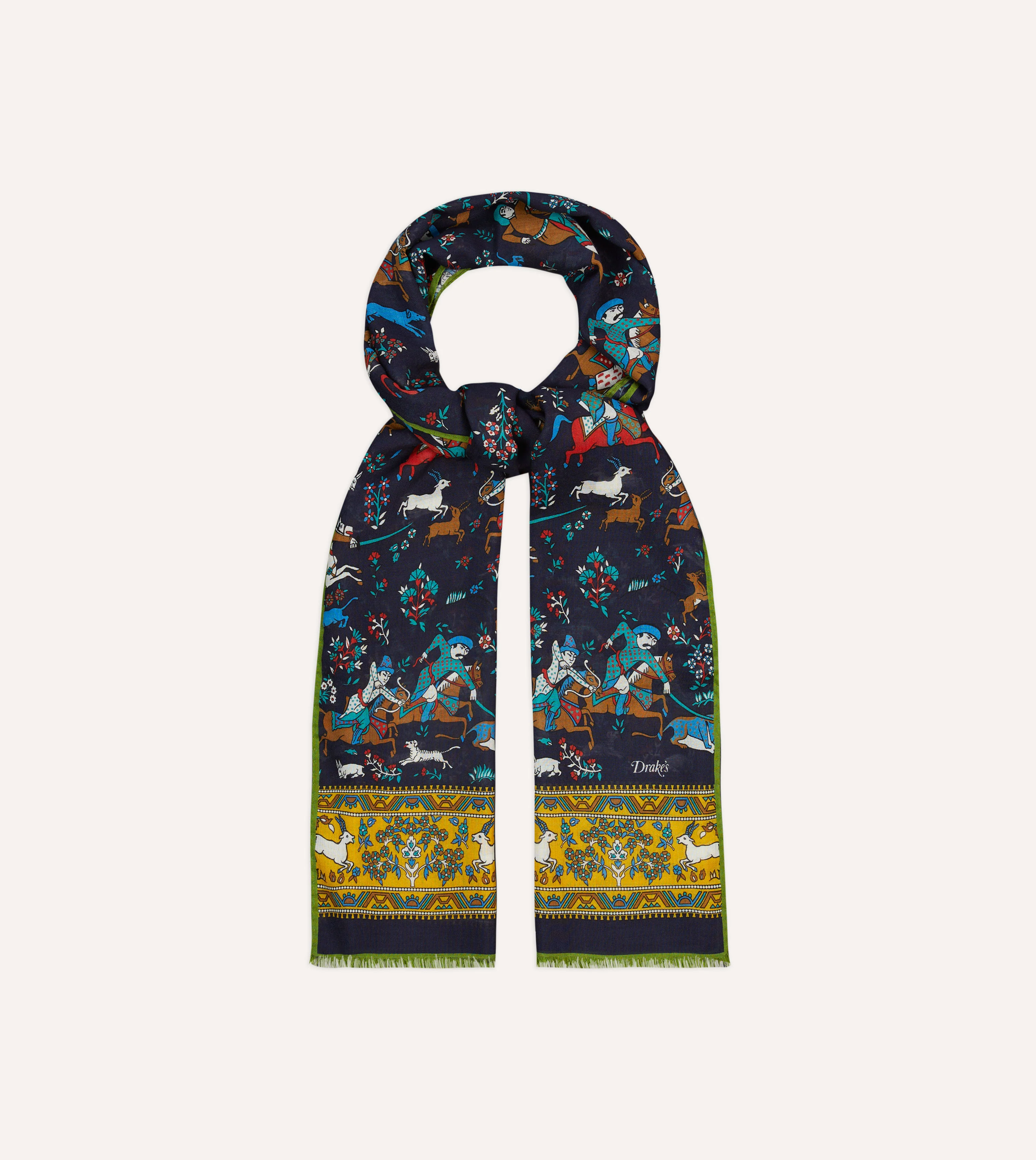 Navy Mughal Archer Print Wool Silk Scarf - Image 4