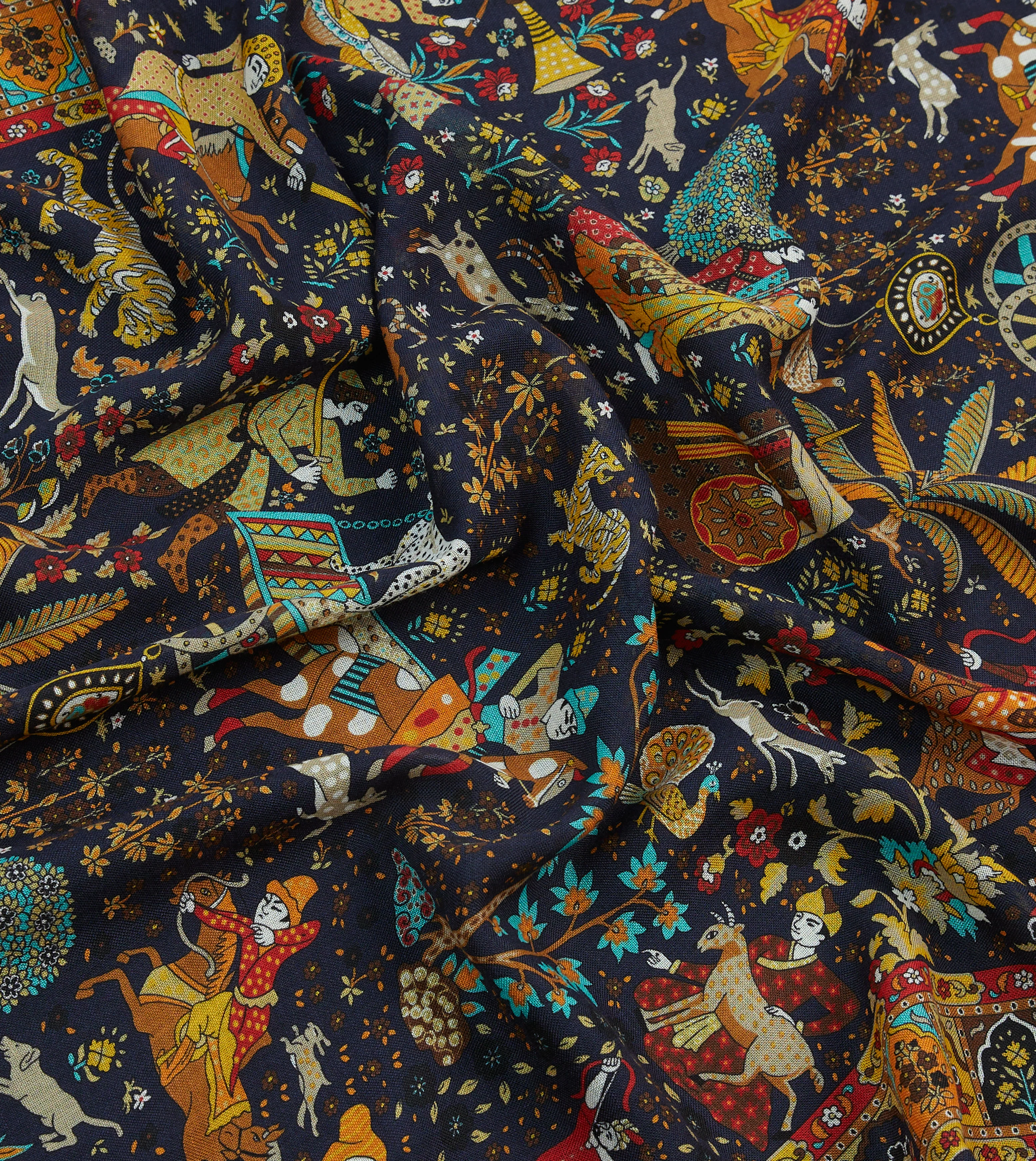 Navy Mughal Garden Print Wool Silk Scarf - Image 2