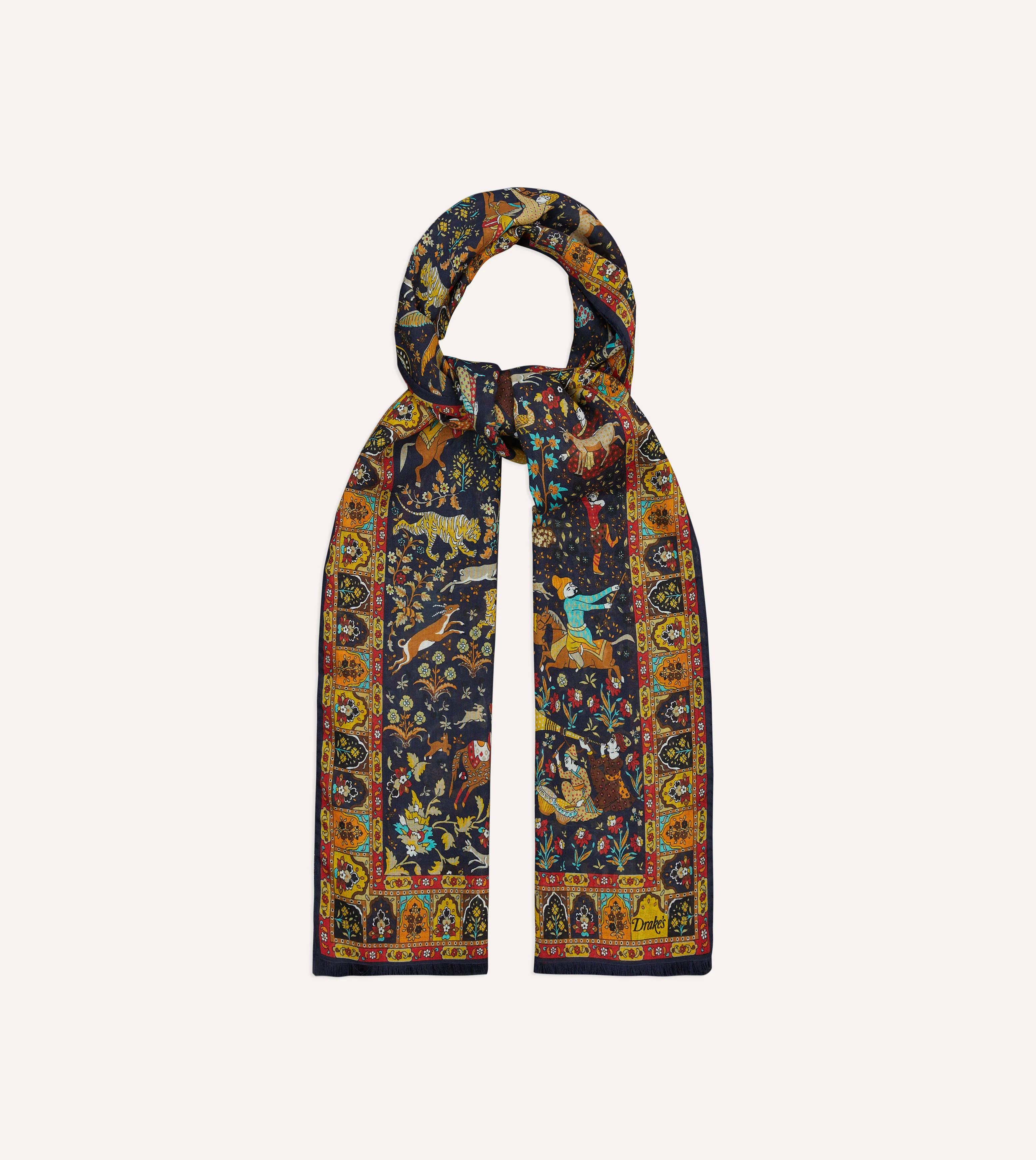 Navy Mughal Garden Print Wool Silk Scarf - Image 4