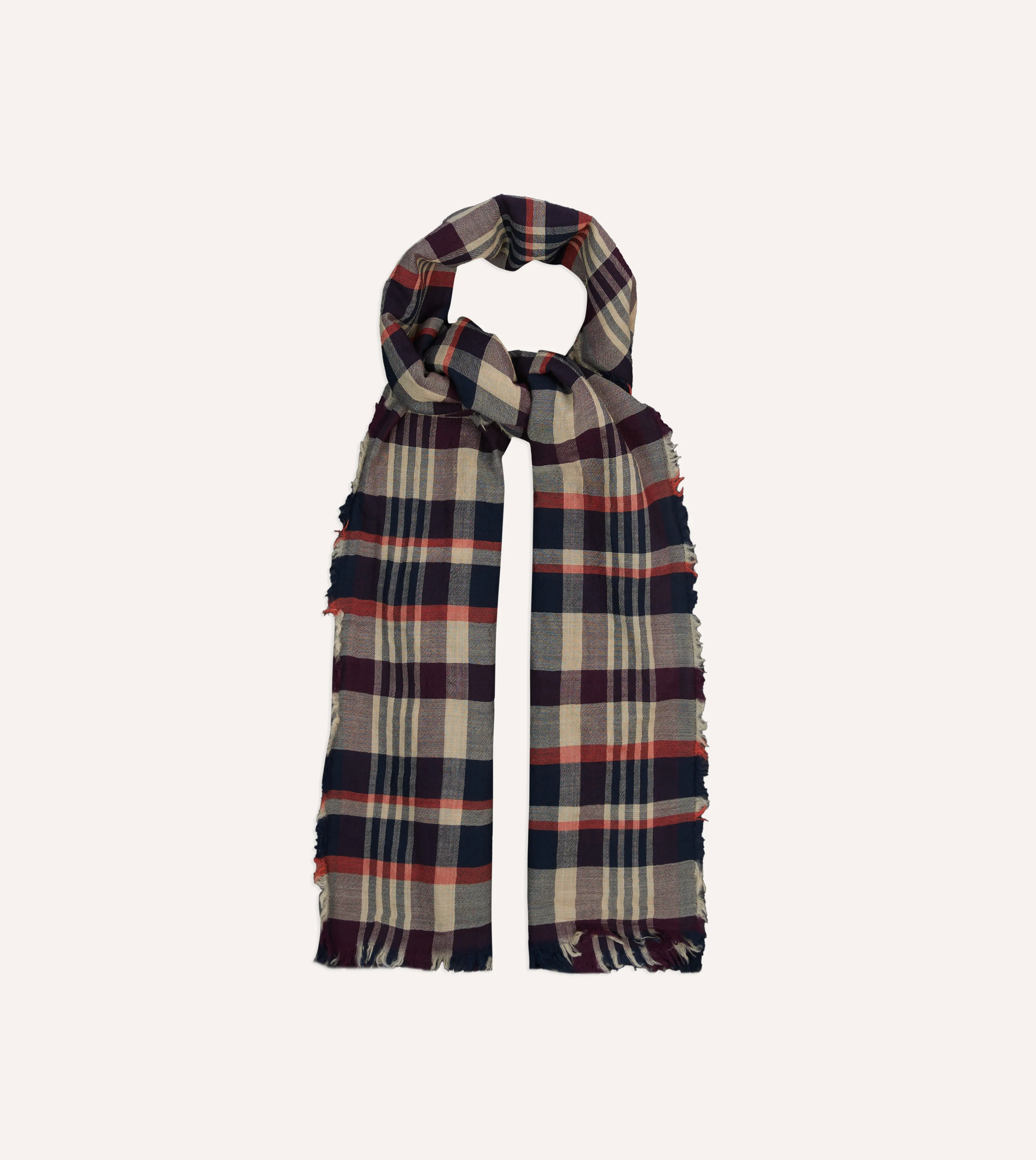 Navy, Red and Ecru Tartan Check Worsted Wool Scarf - Image 4