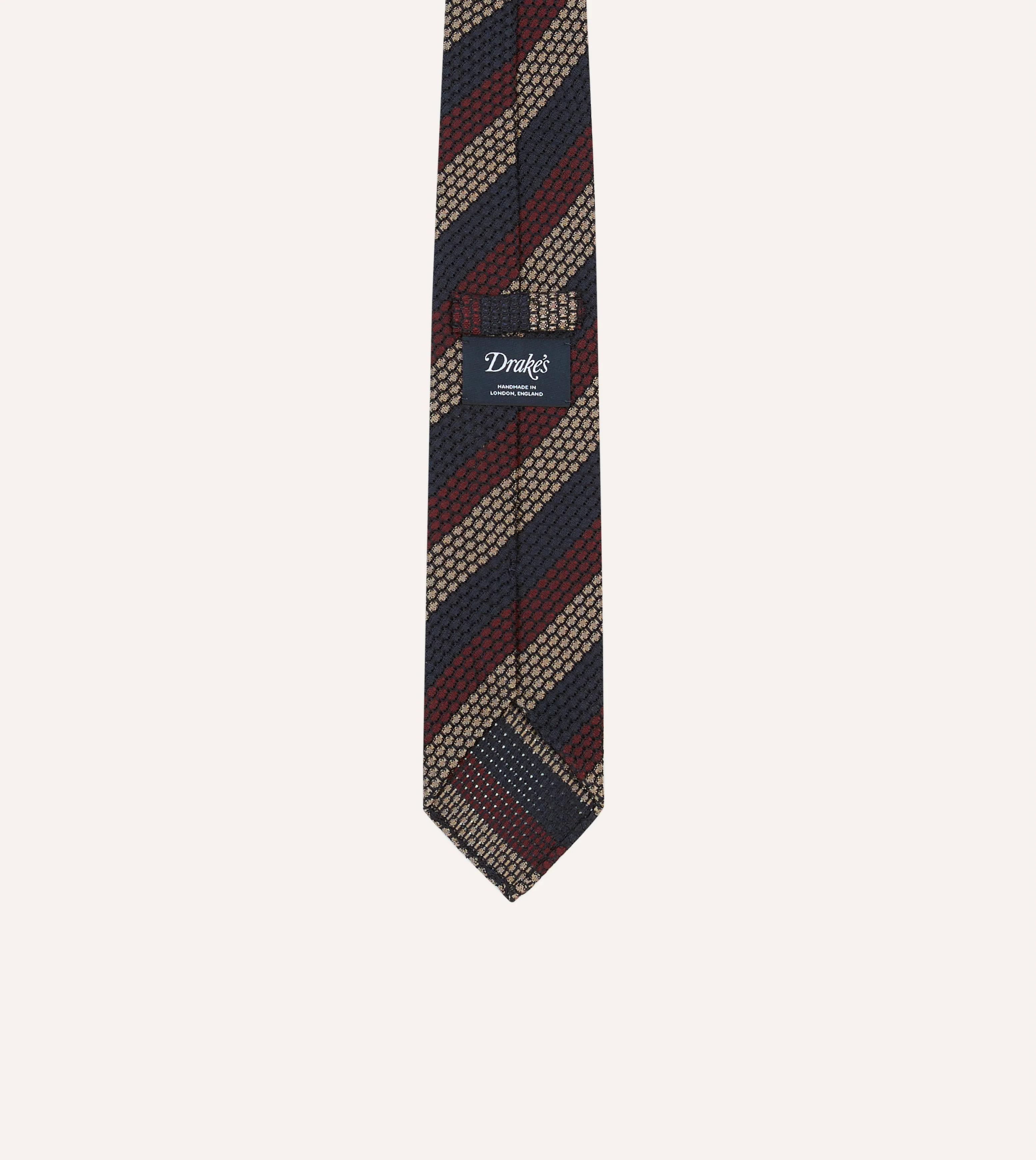 Navy, Red and Gold Block Stripe Hand Rolled Silk Grenadine Tie - Image 4