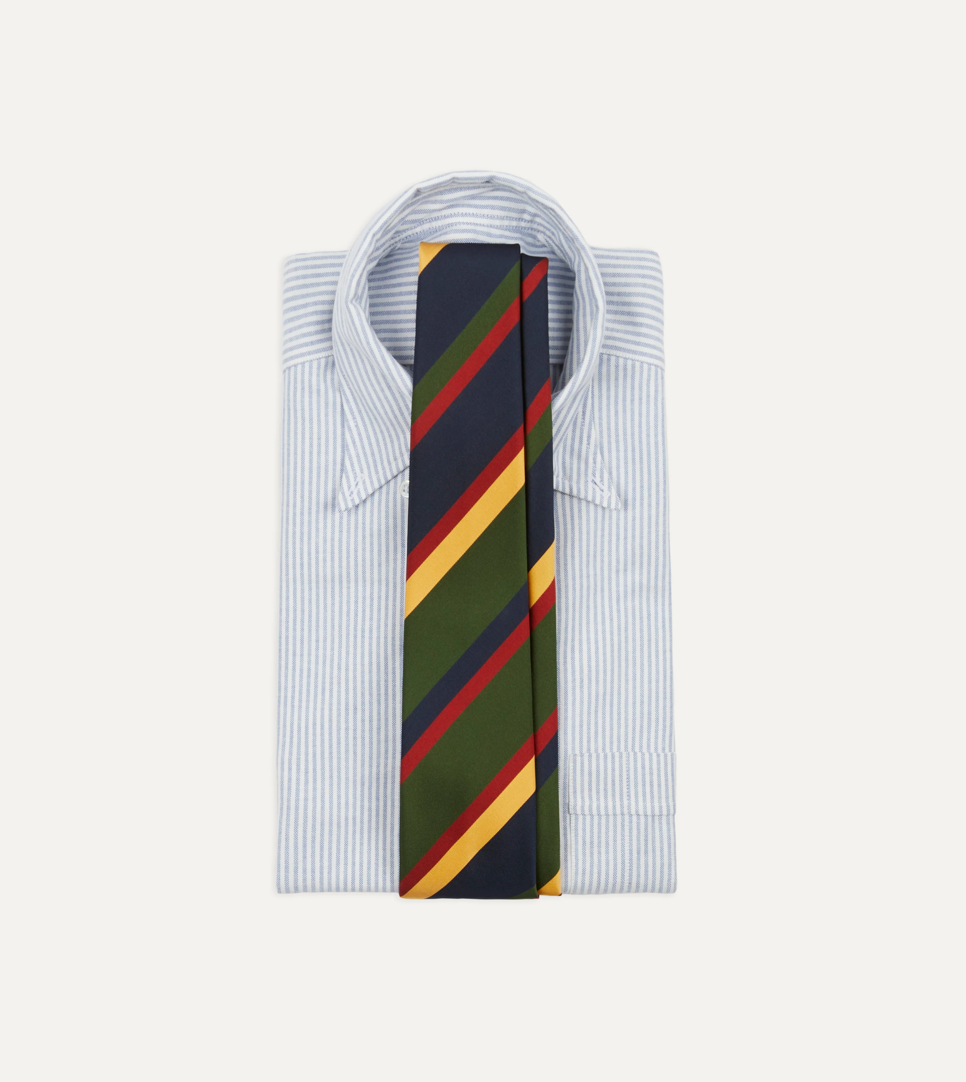 Navy, Red, Green and Yellow Stripe Silk Hand Rolled Tie - Image 2