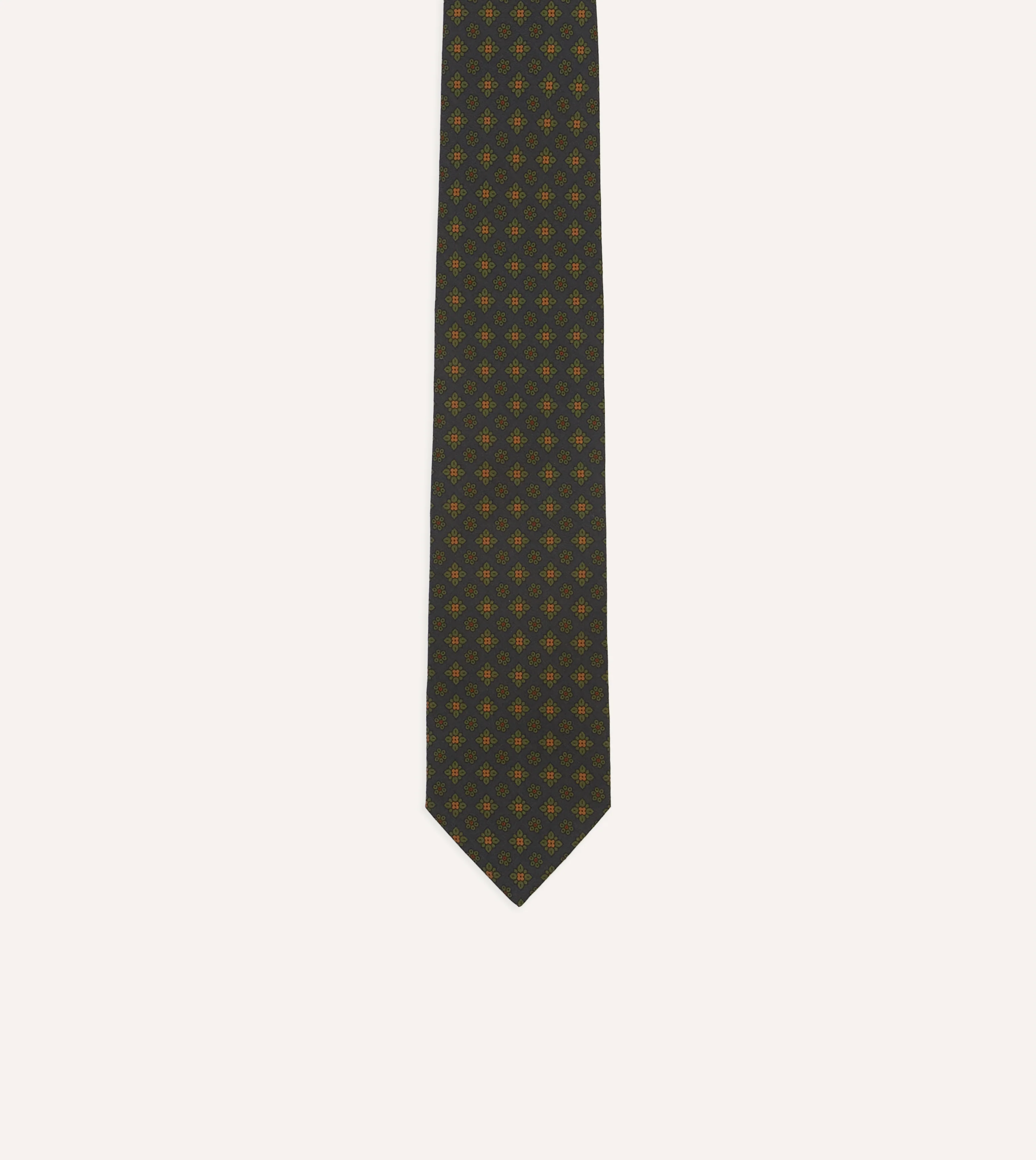 Navy Square Floral Medallion Print Wool-Silk Self Tipped Tie - Image 3