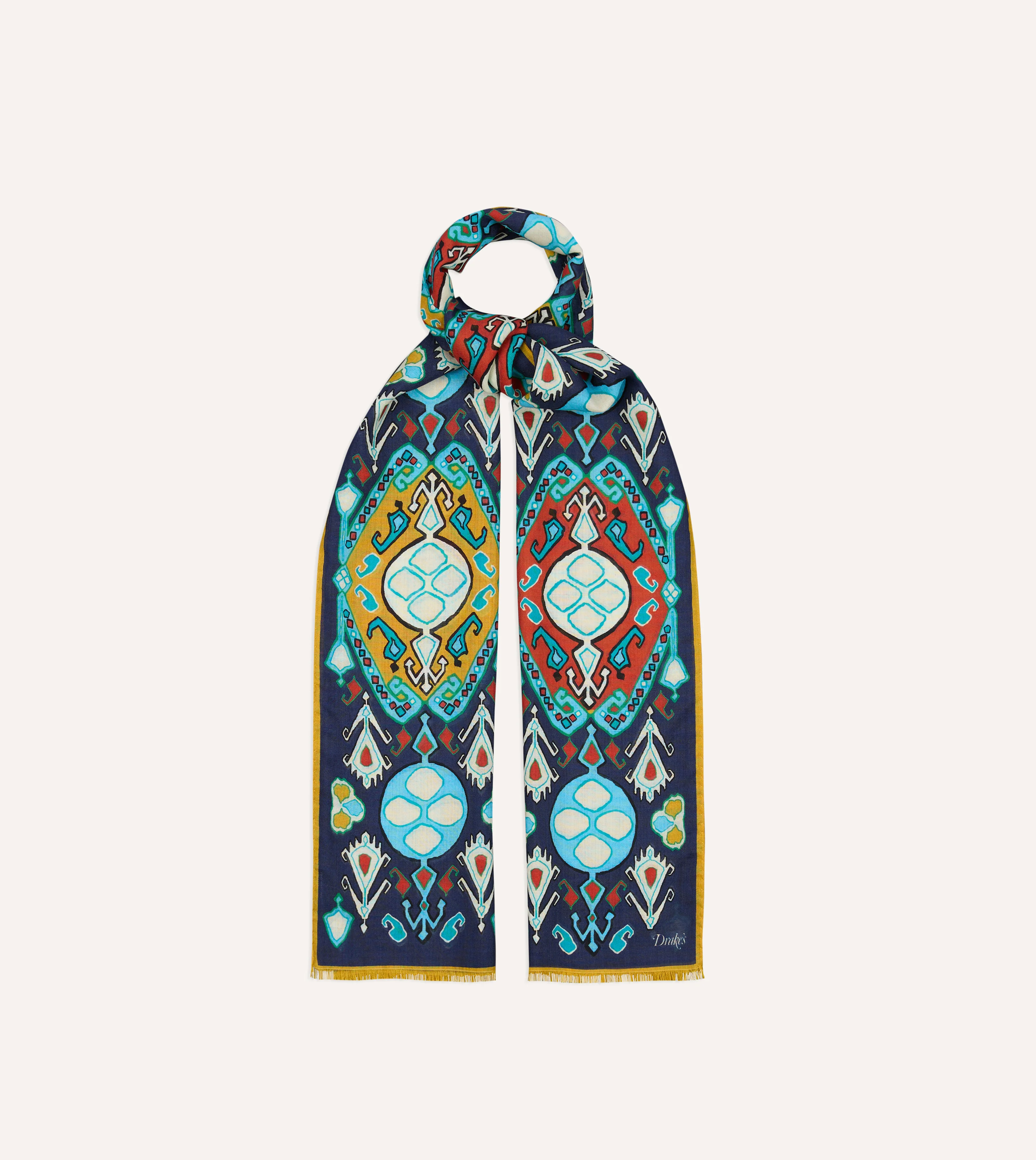 Navy Tapestry Print Wool Silk Scarf - Image 4