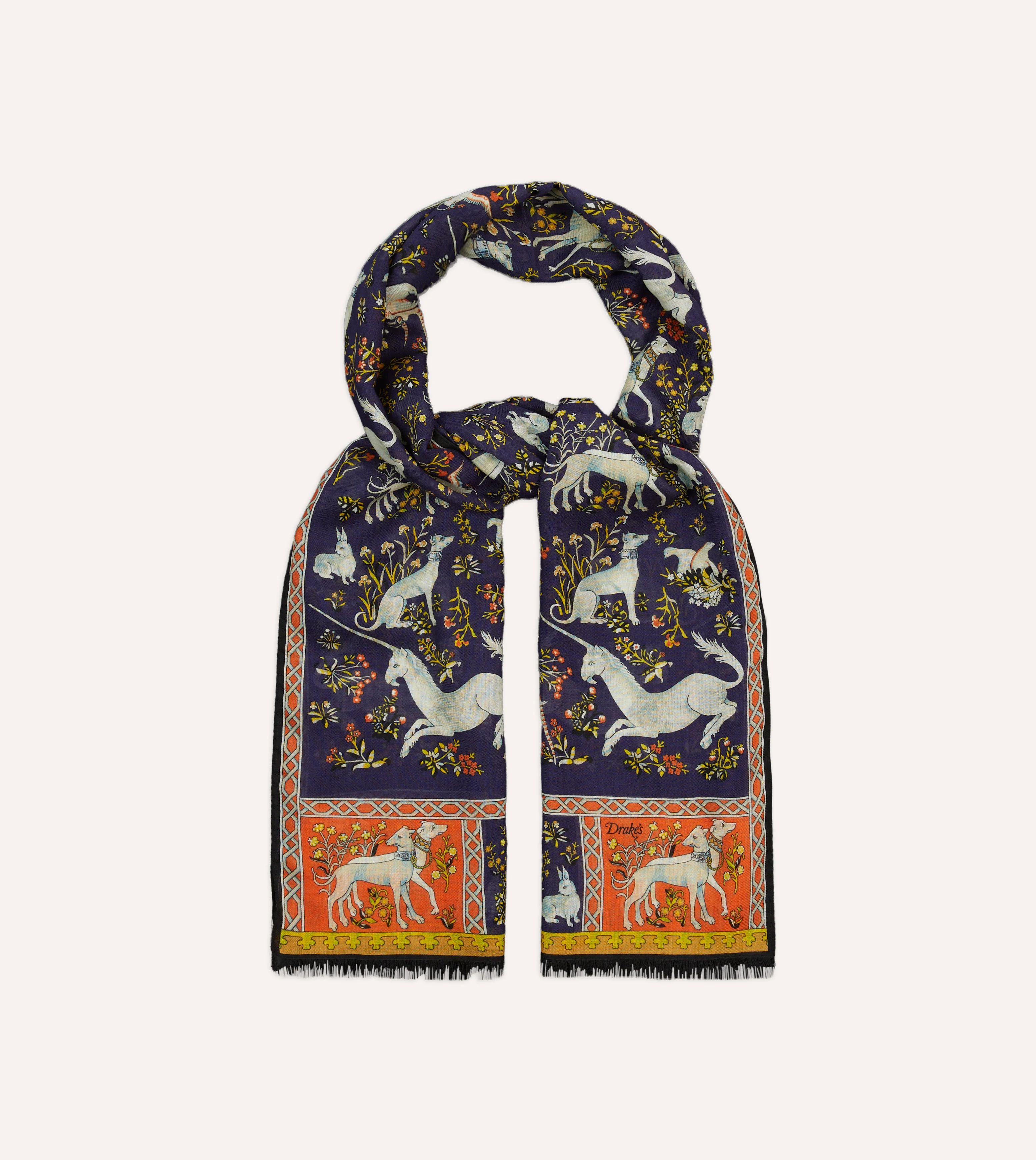 Navy Unicorn Tile Print Wool-Silk Scarf - Image 4