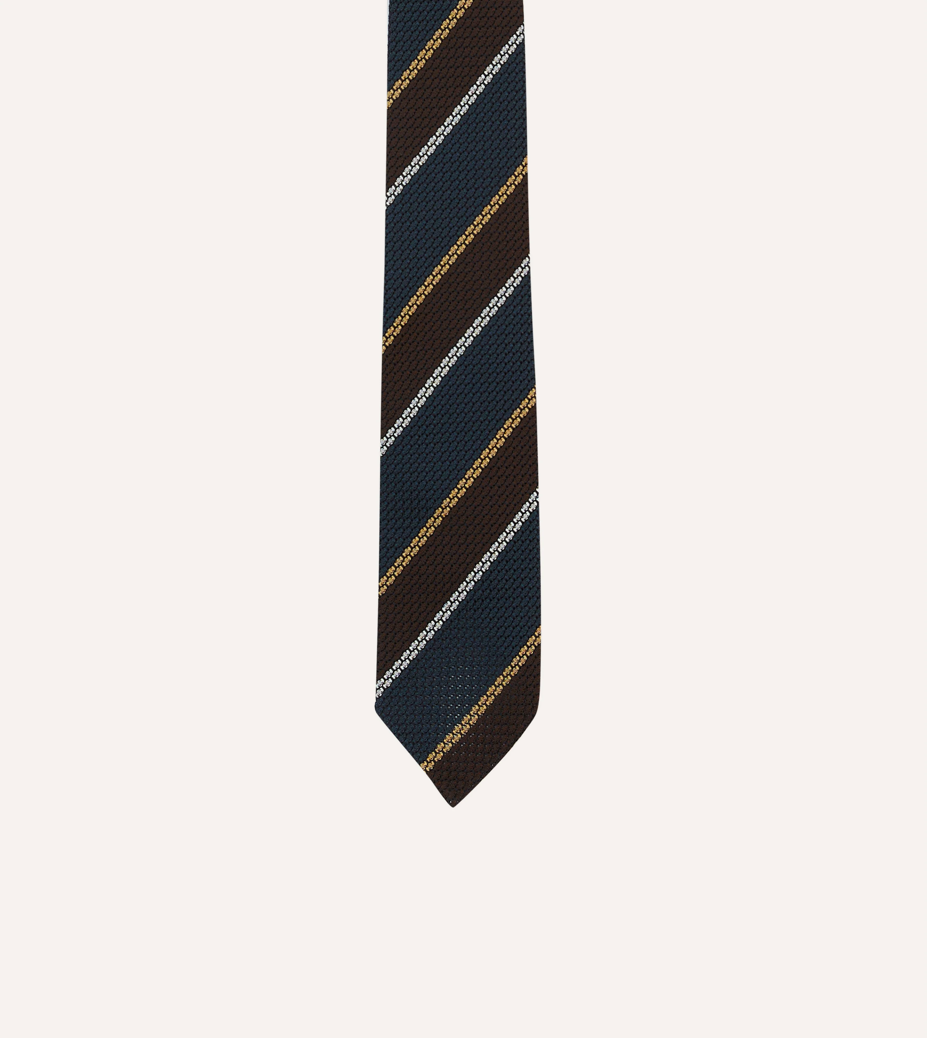 Navy, White and Brown Stripe Hand Rolled Silk Grenadine Tie - Image 3