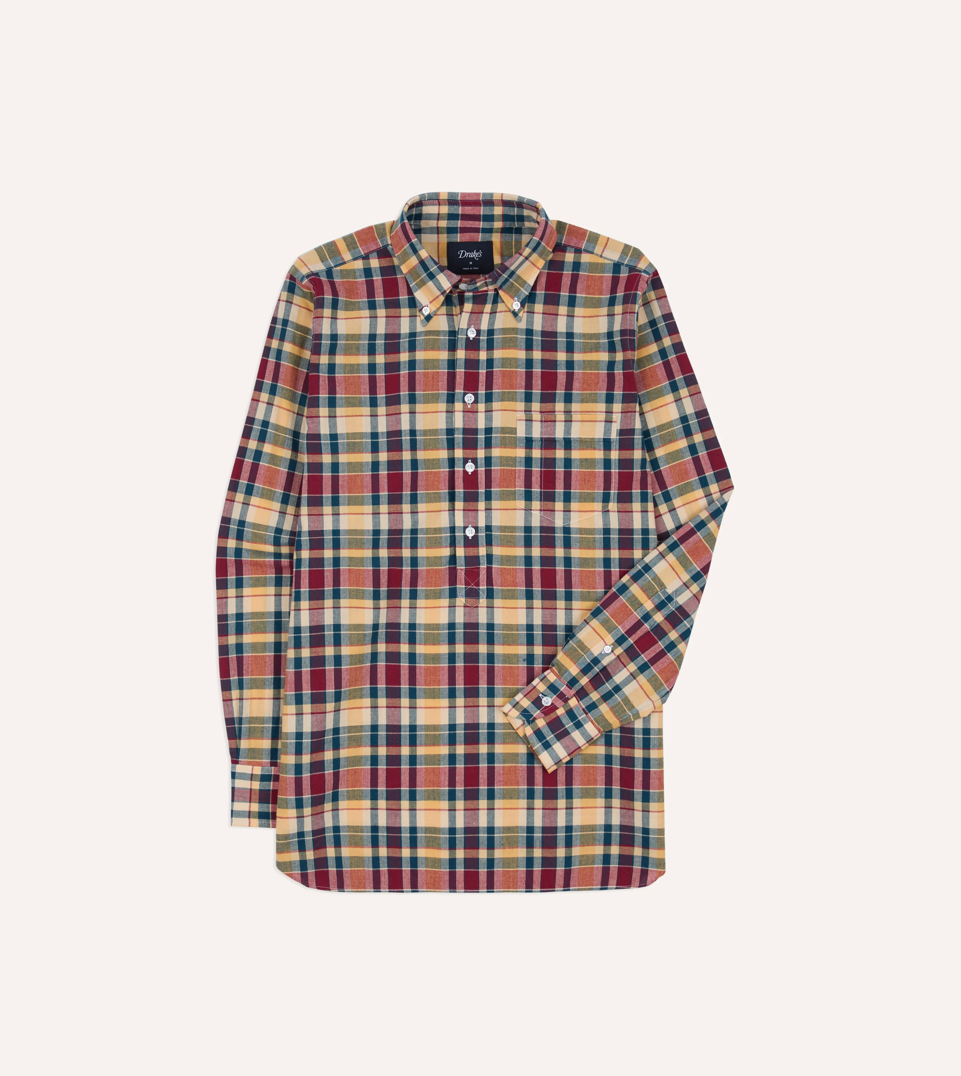 Navy, Yellow and Red Madras Check Cotton Button-Down Popover Shirt - Image 2