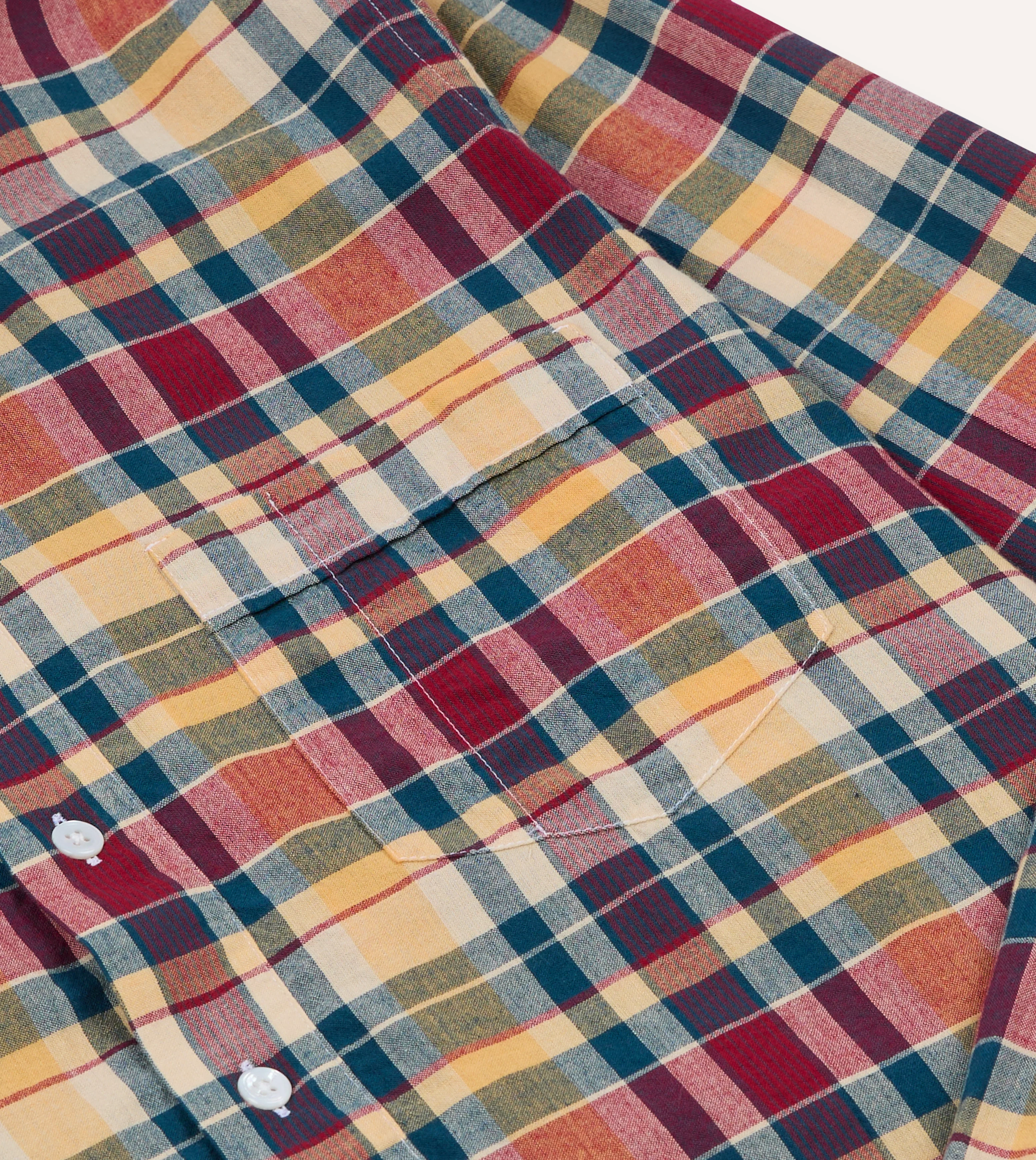 Navy, Yellow and Red Madras Check Cotton Button-Down Popover Shirt - Image 4