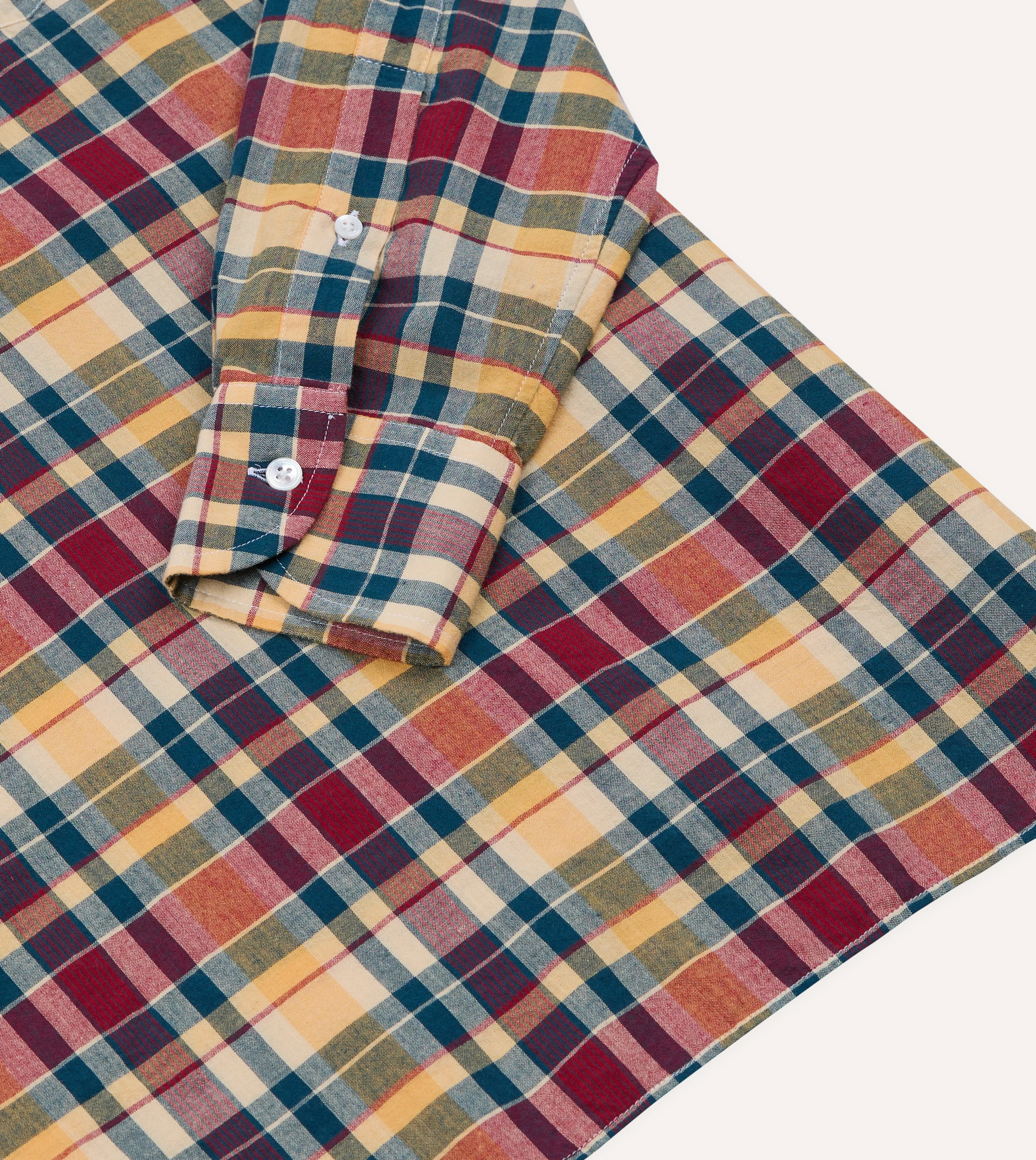 Navy, Yellow and Red Madras Check Cotton Button-Down Popover Shirt - Image 5