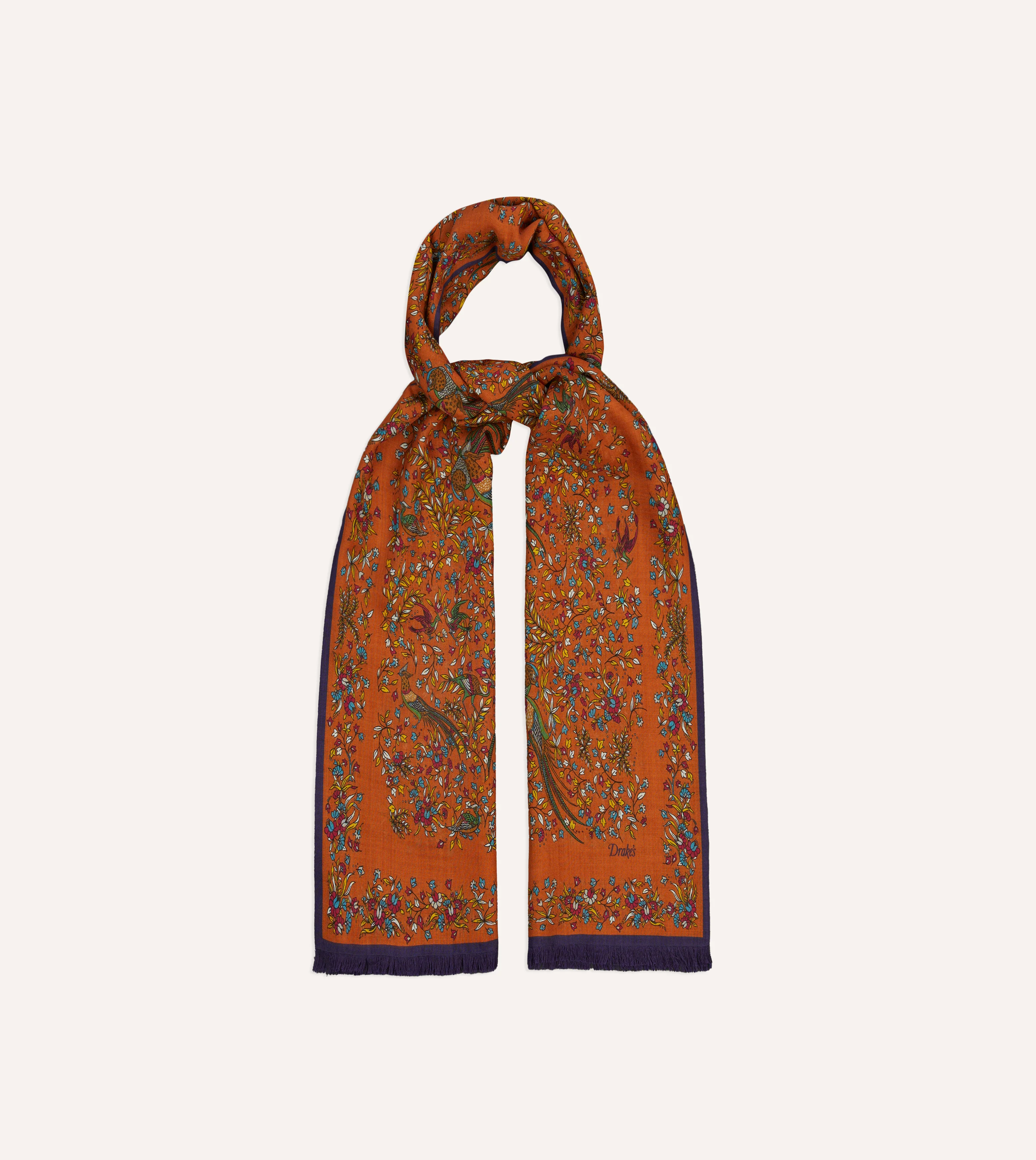 Orange Birds of Paradise Print Tubular Wool Silk Scarf - Image 4