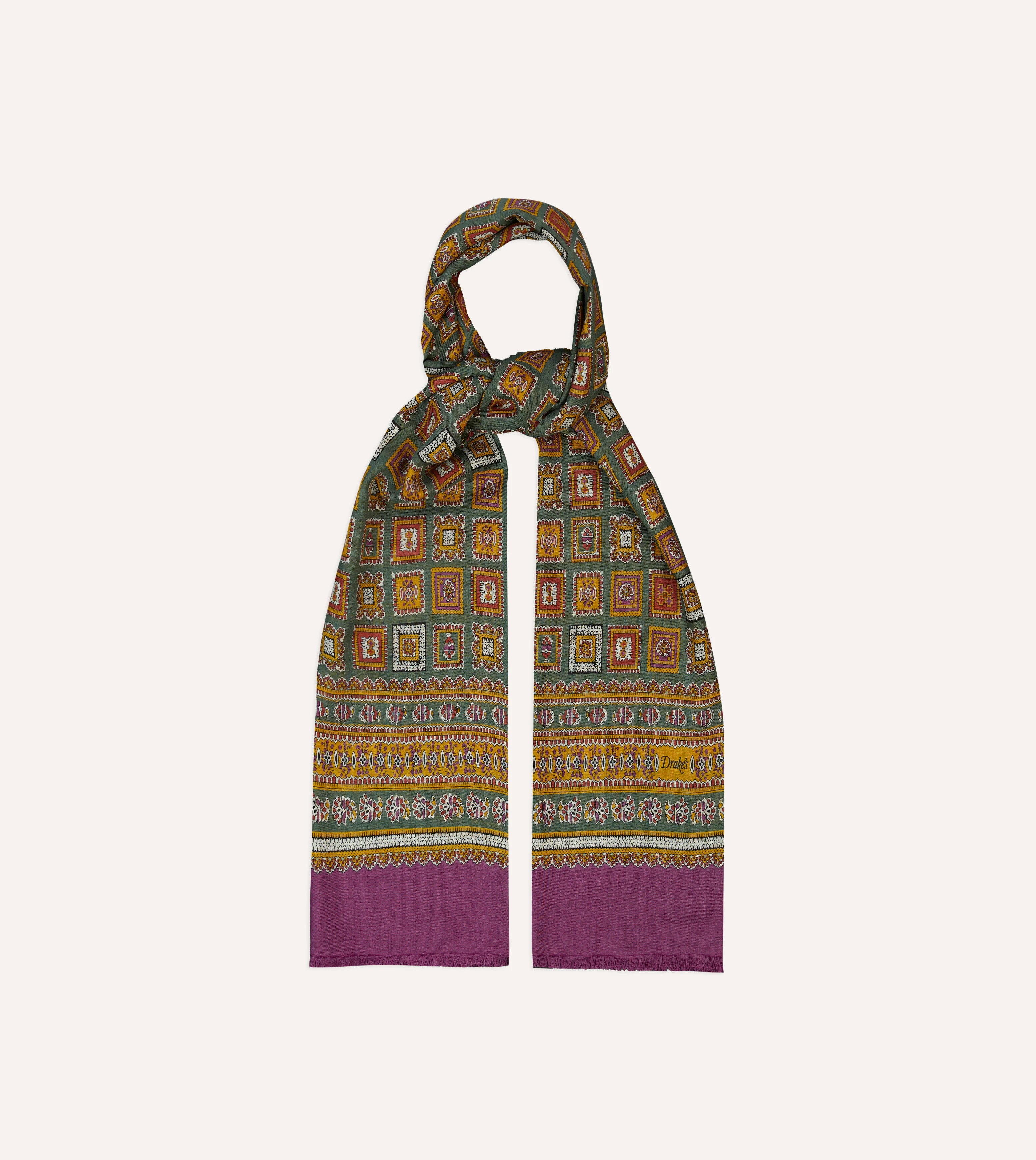 Purple and Green Medallion Print Tubular Wool Silk Scarf - Image 4