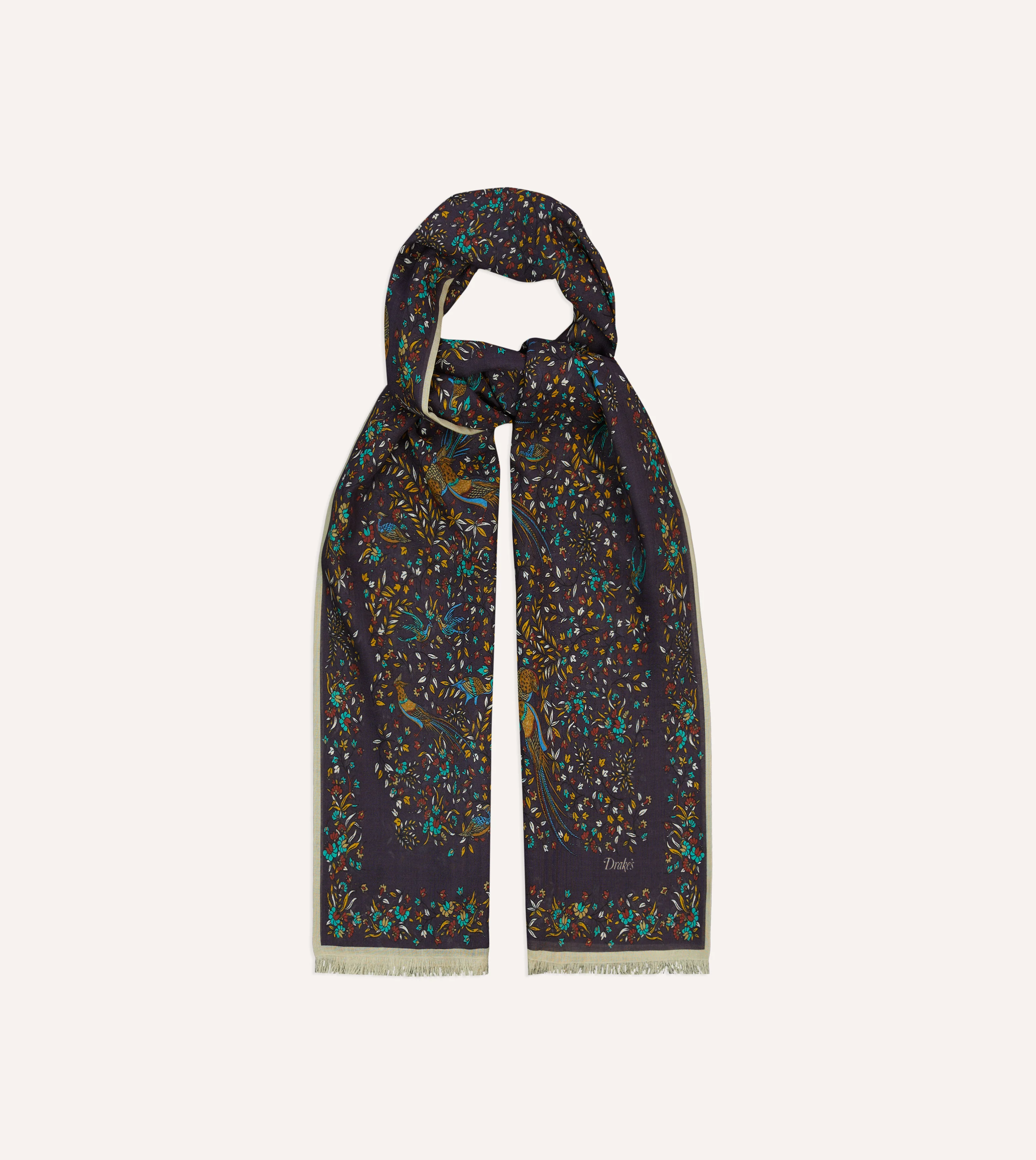 Purple Birds of Paradise Print Tubular Wool Silk Scarf - Image 4