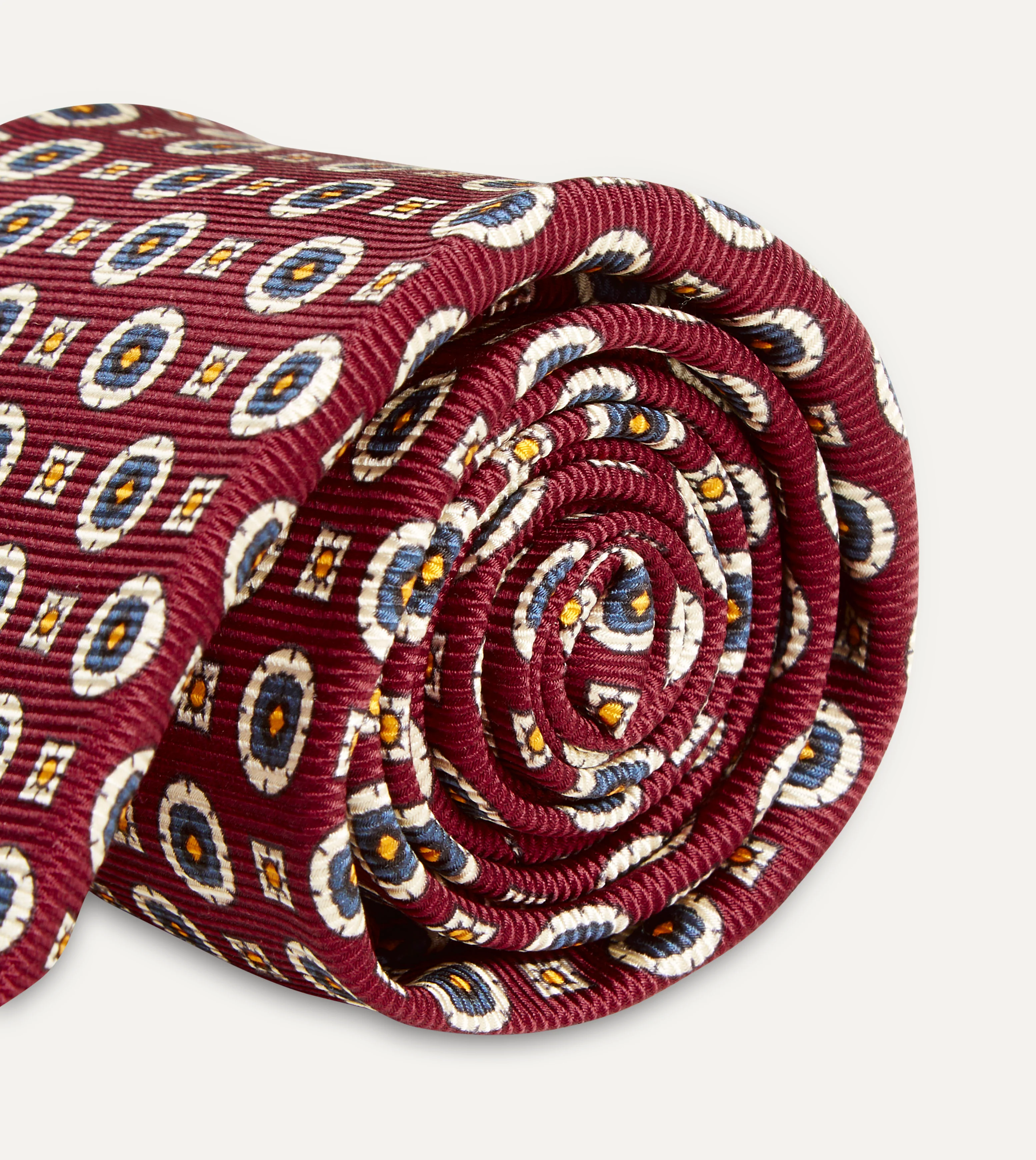 Red and Blue Geometric Medallion Print Silk Foulard Tie - Image 3