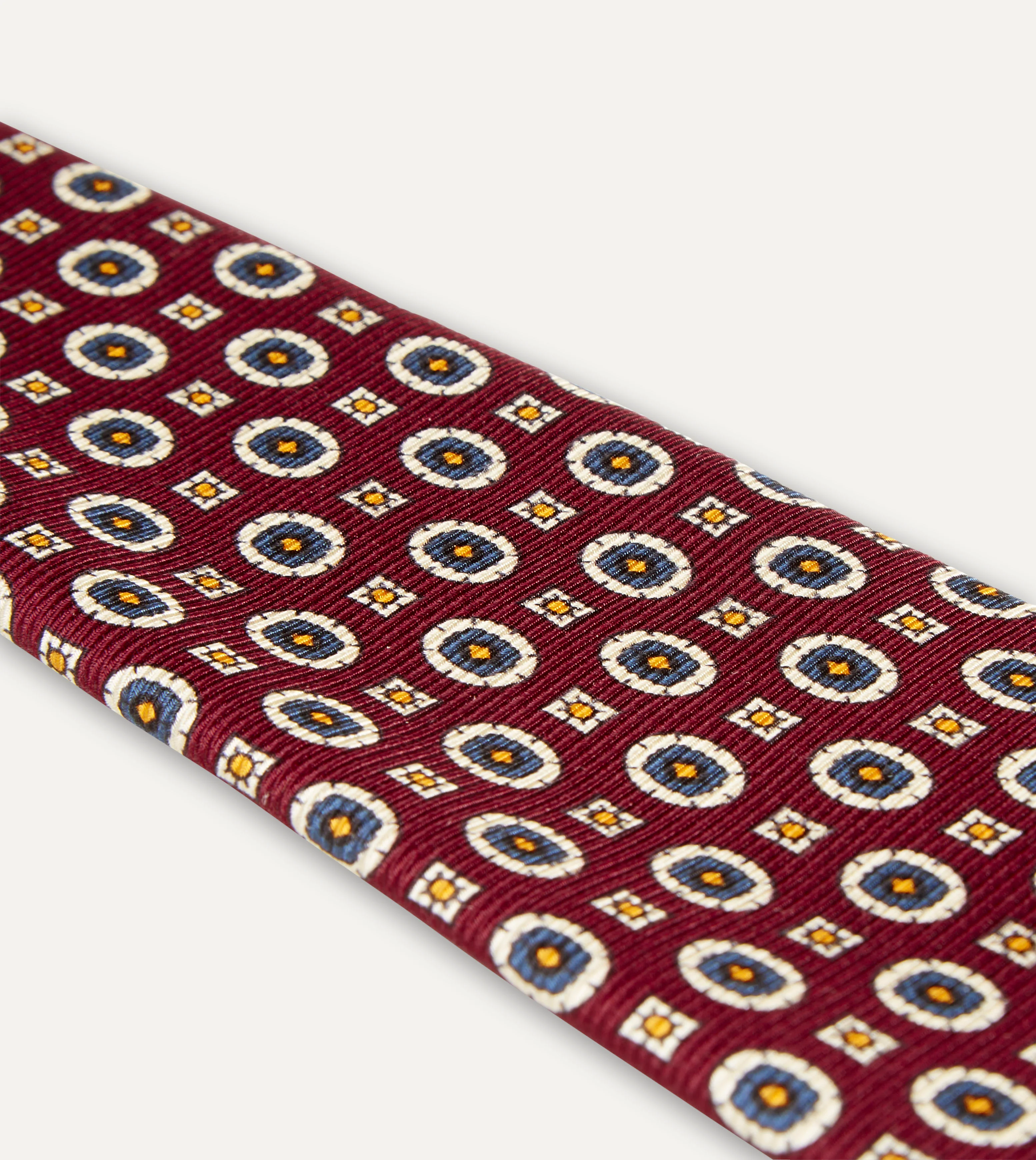 Red and Blue Geometric Medallion Print Silk Foulard Tie - Image 4