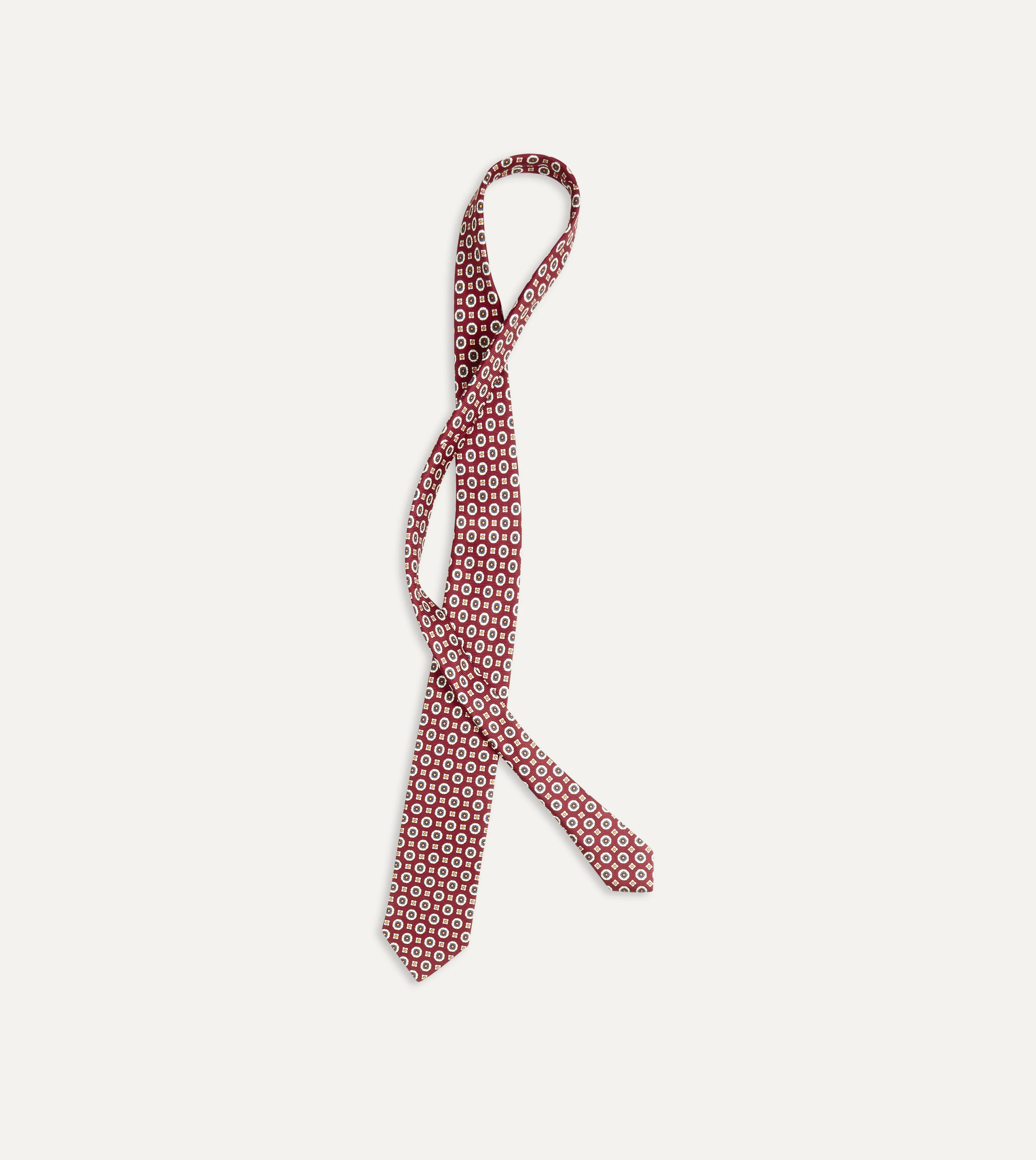 Red and Blue Geometric Medallion Print Silk Foulard Tie - Image 5