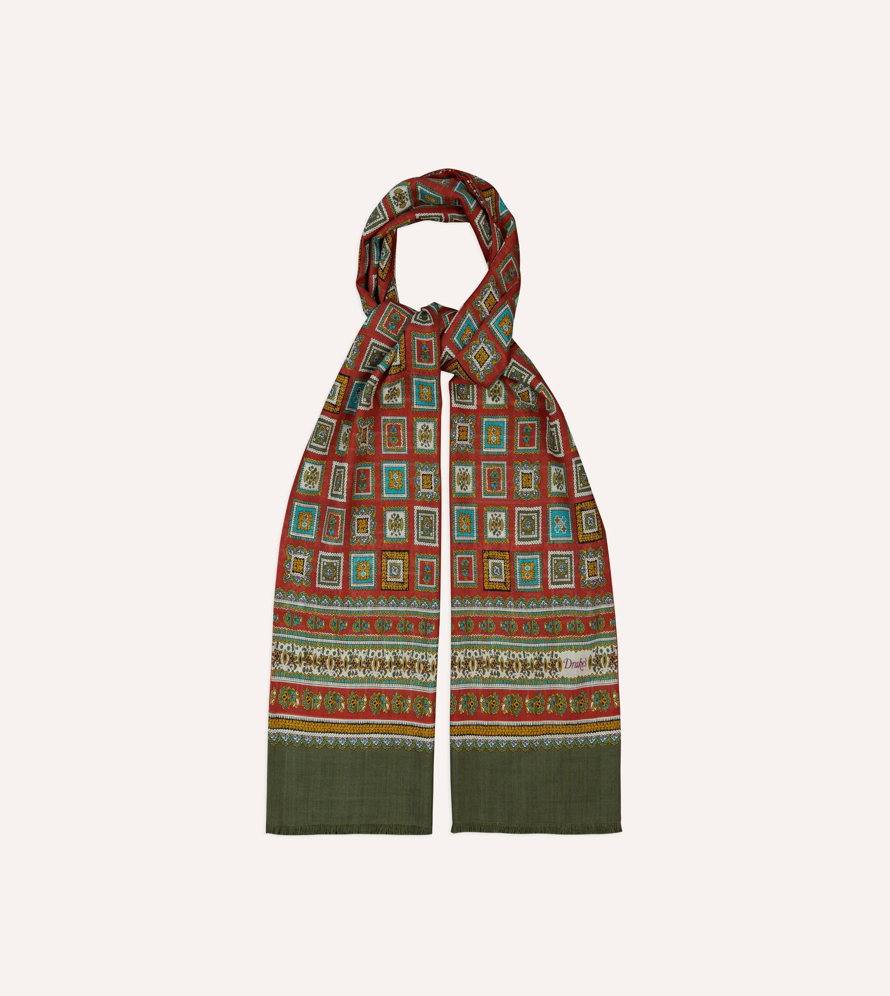 Red and Green Medallion Print Tubular Wool Silk Scarf - Image 4