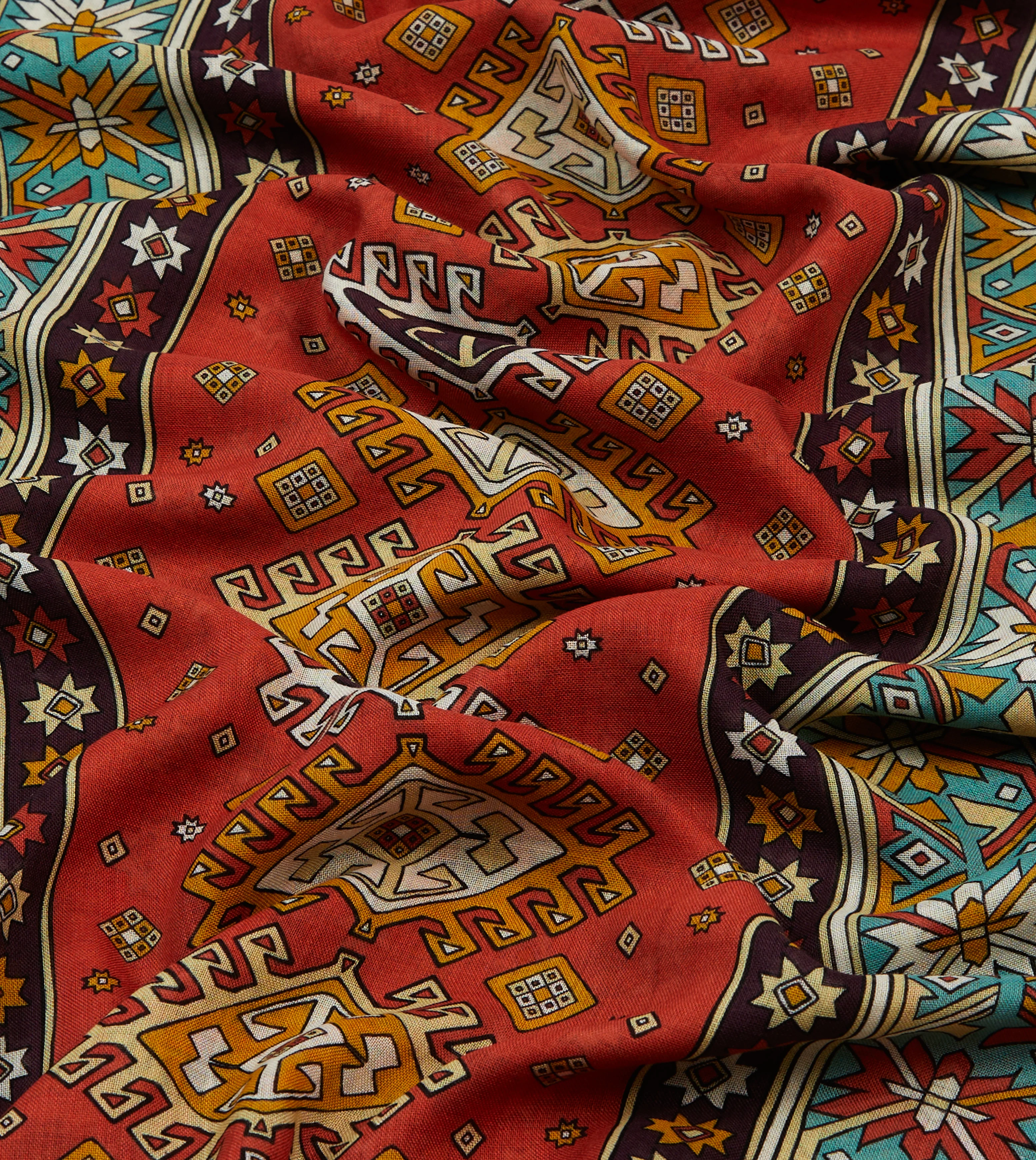 Red and Turquoise Kilim Print Tubular Wool Silk Scarf - Image 2
