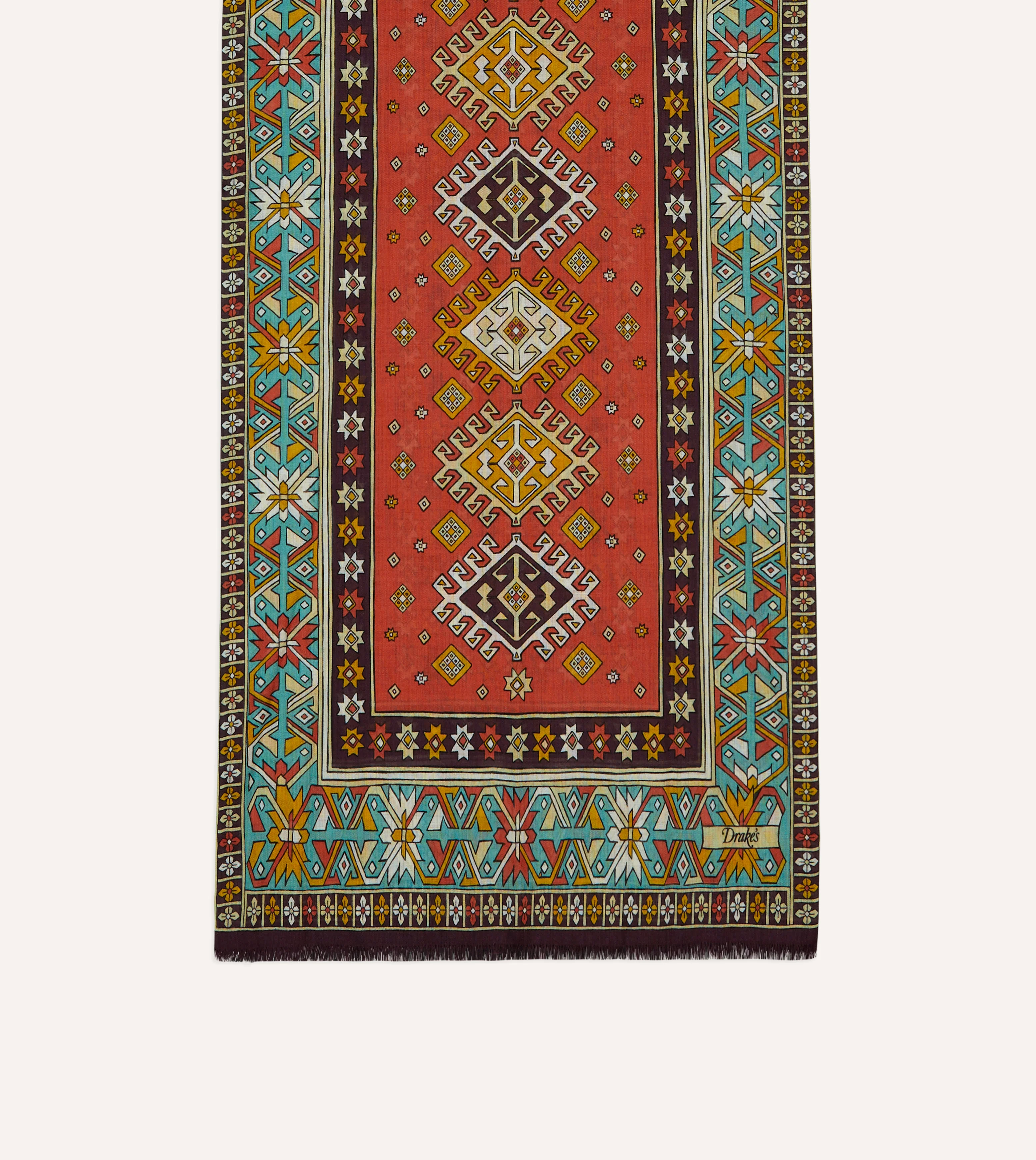 Red and Turquoise Kilim Print Tubular Wool Silk Scarf - Image 3