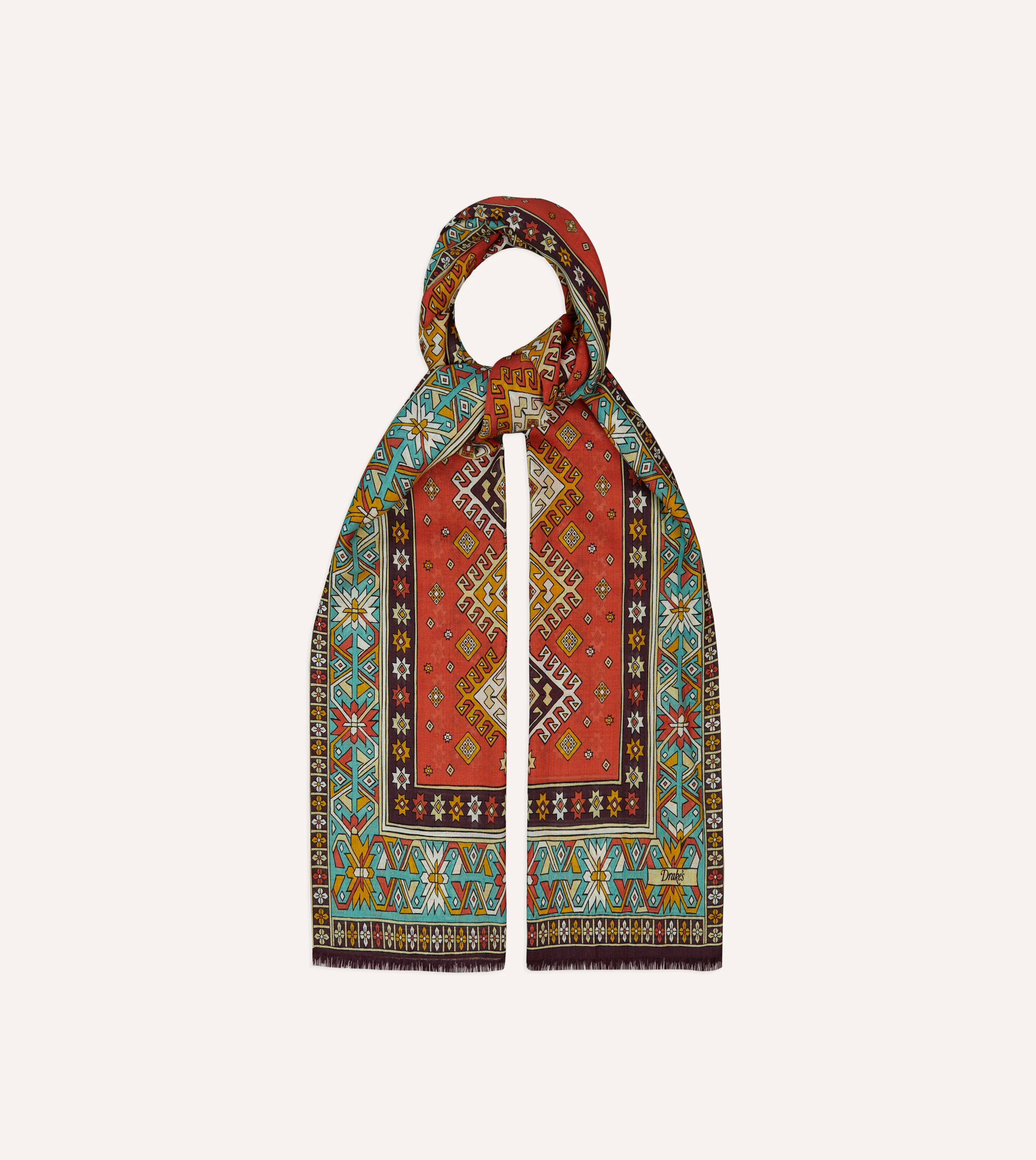 Red and Turquoise Kilim Print Tubular Wool Silk Scarf - Image 4