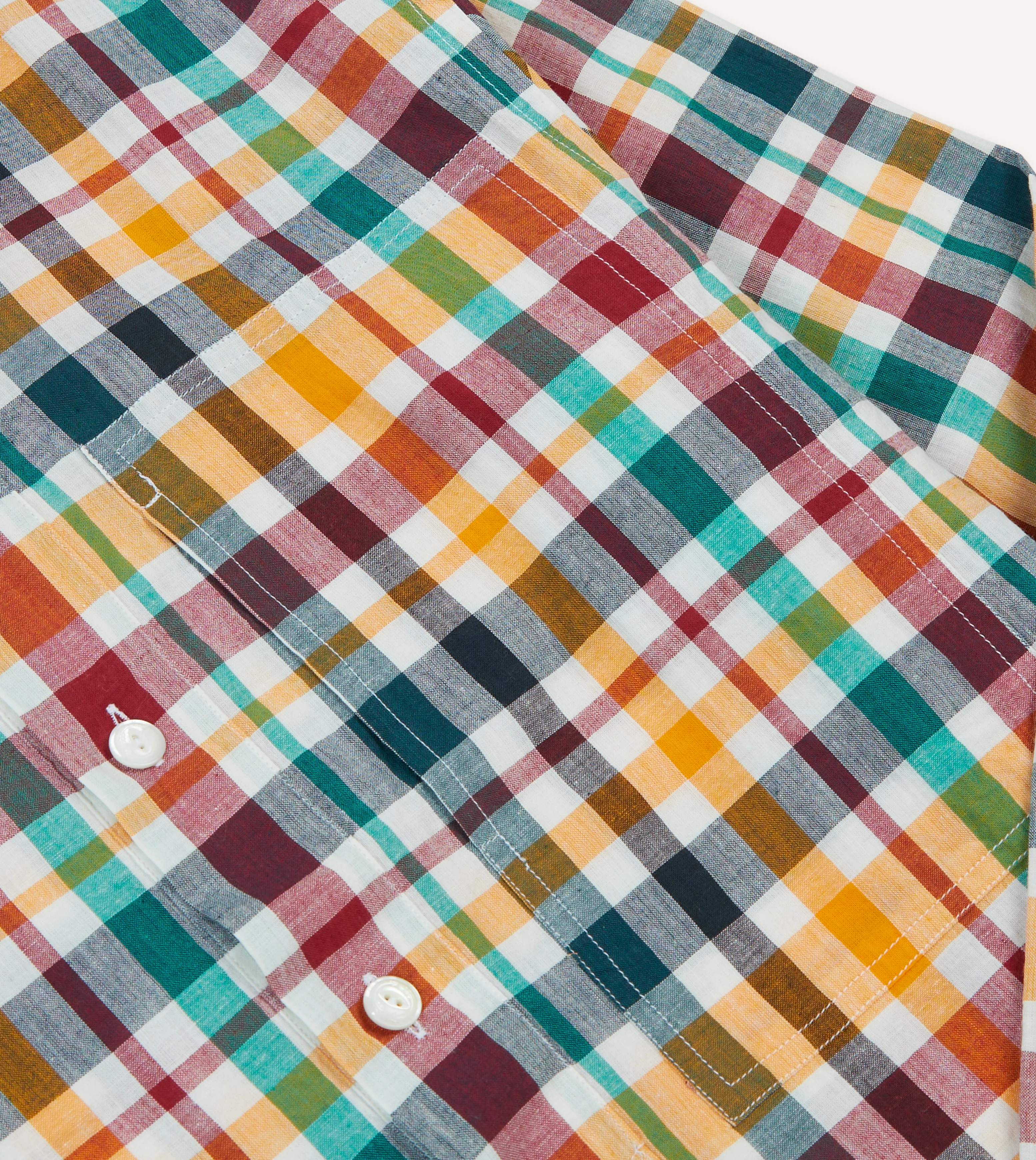 Red, Blue and Green Madras Check Cotton Mandarin Collar Popover Shirt - Image 4