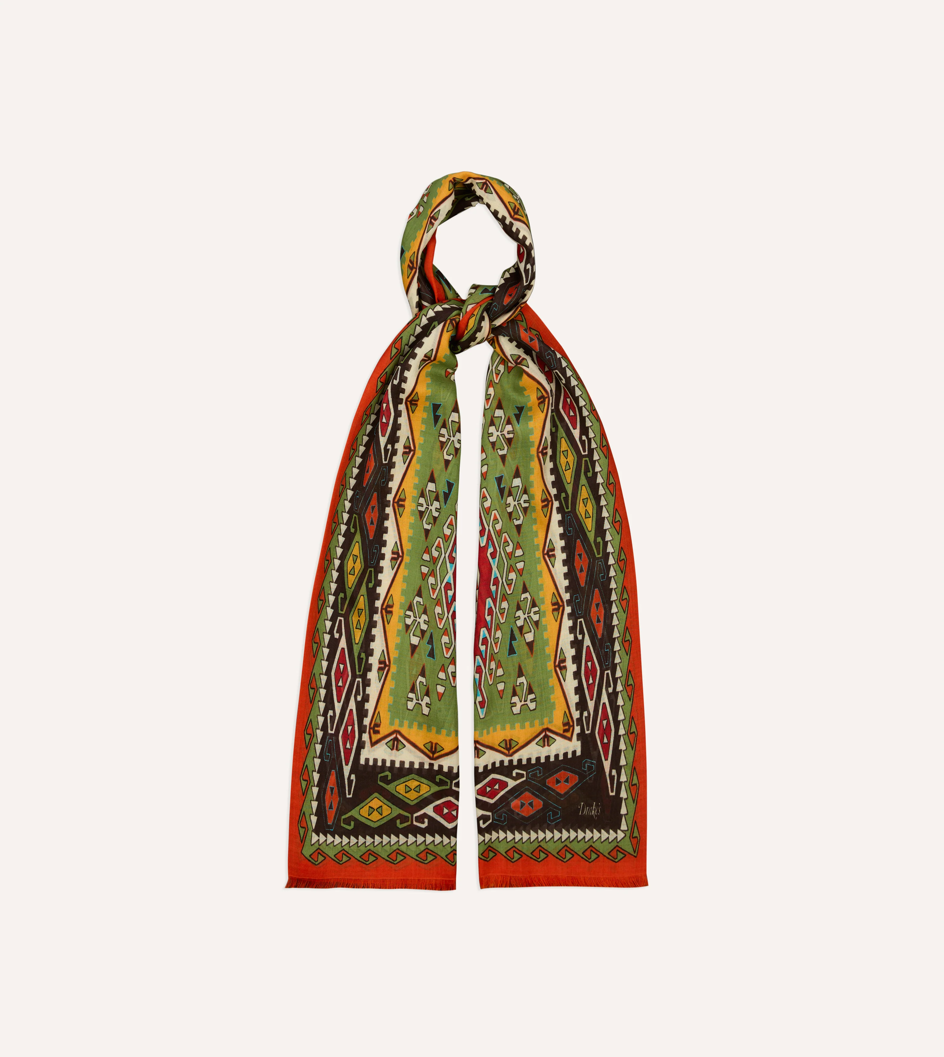 Red Kilim Print Tubular Wool Silk Scarf - Image 4